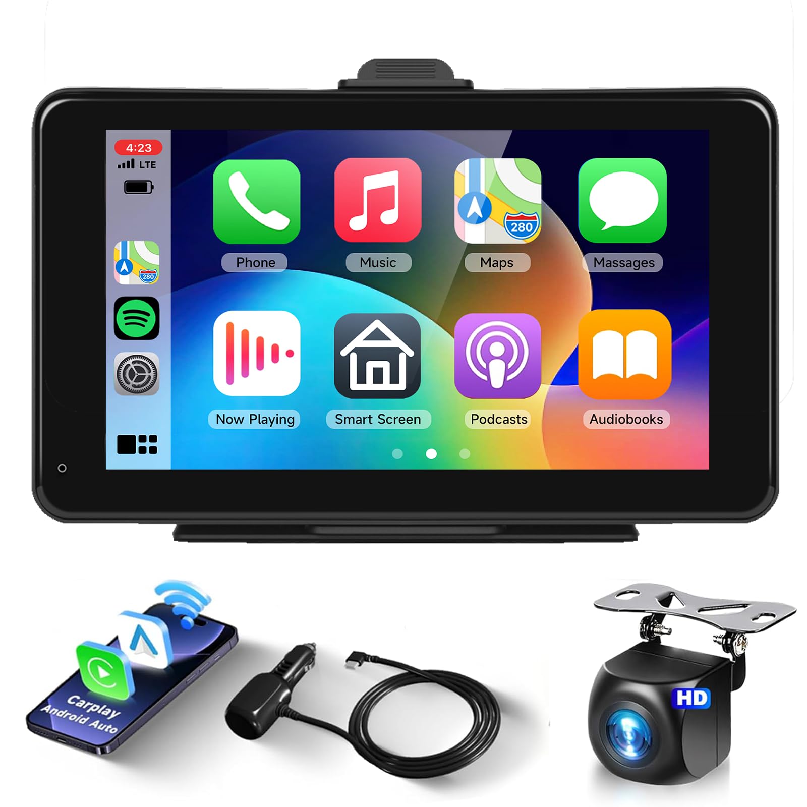 Podofo Wireless Carplay Screen for Car,IP69K AHD Backup Camera for Cars Trucks Pickups RVs,7" IPS Portable Wireless Android Auto Touch Screen Car Radio with Airplay/Siri/Bluetooth/GPS/AUX