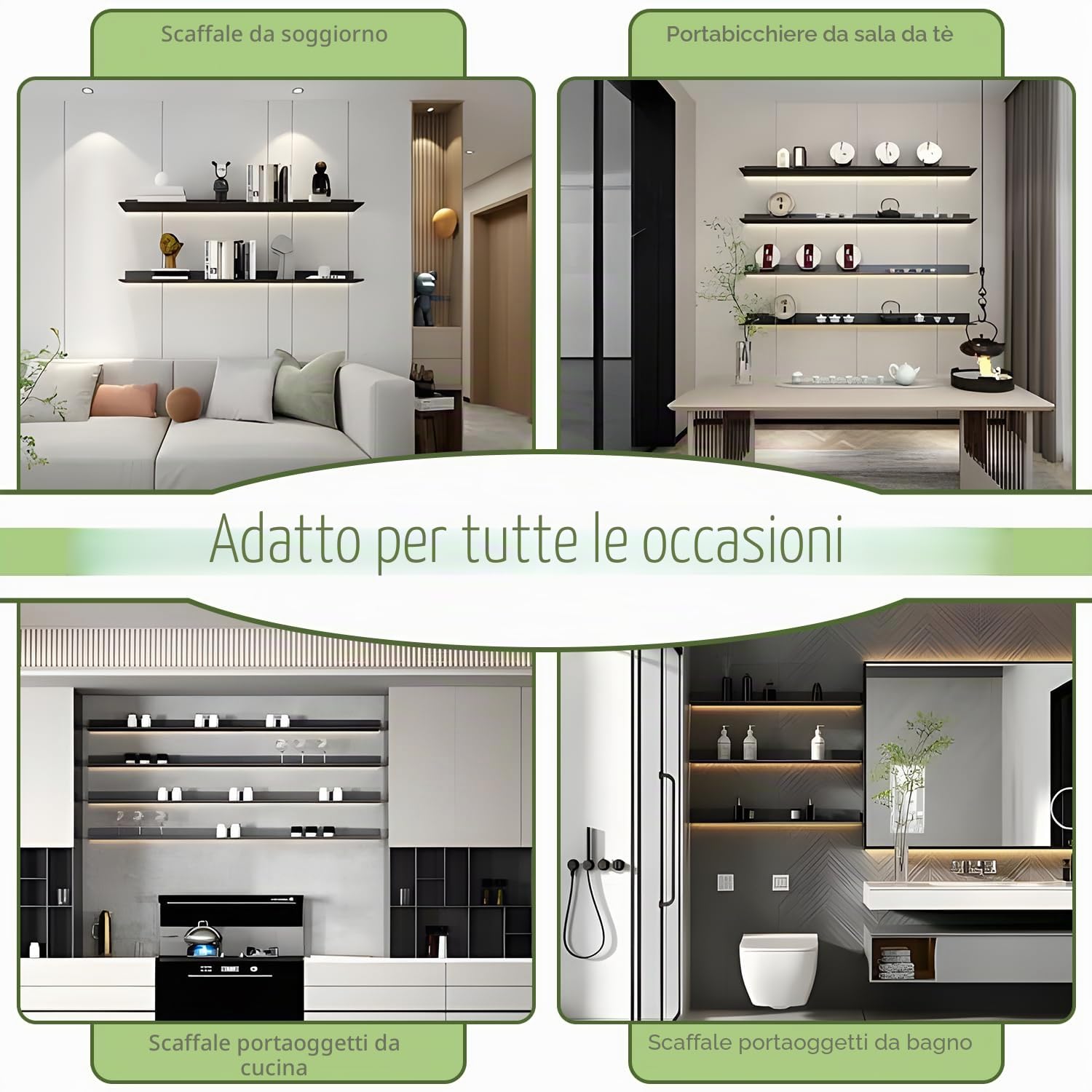 Regali a parete sospesi in metallo simdennr con luci LED, scaffale espositivo a sospensione per soggiorno, cucina, bagno, scaffale espositivo con luci LED integrate, nero, 60 cm