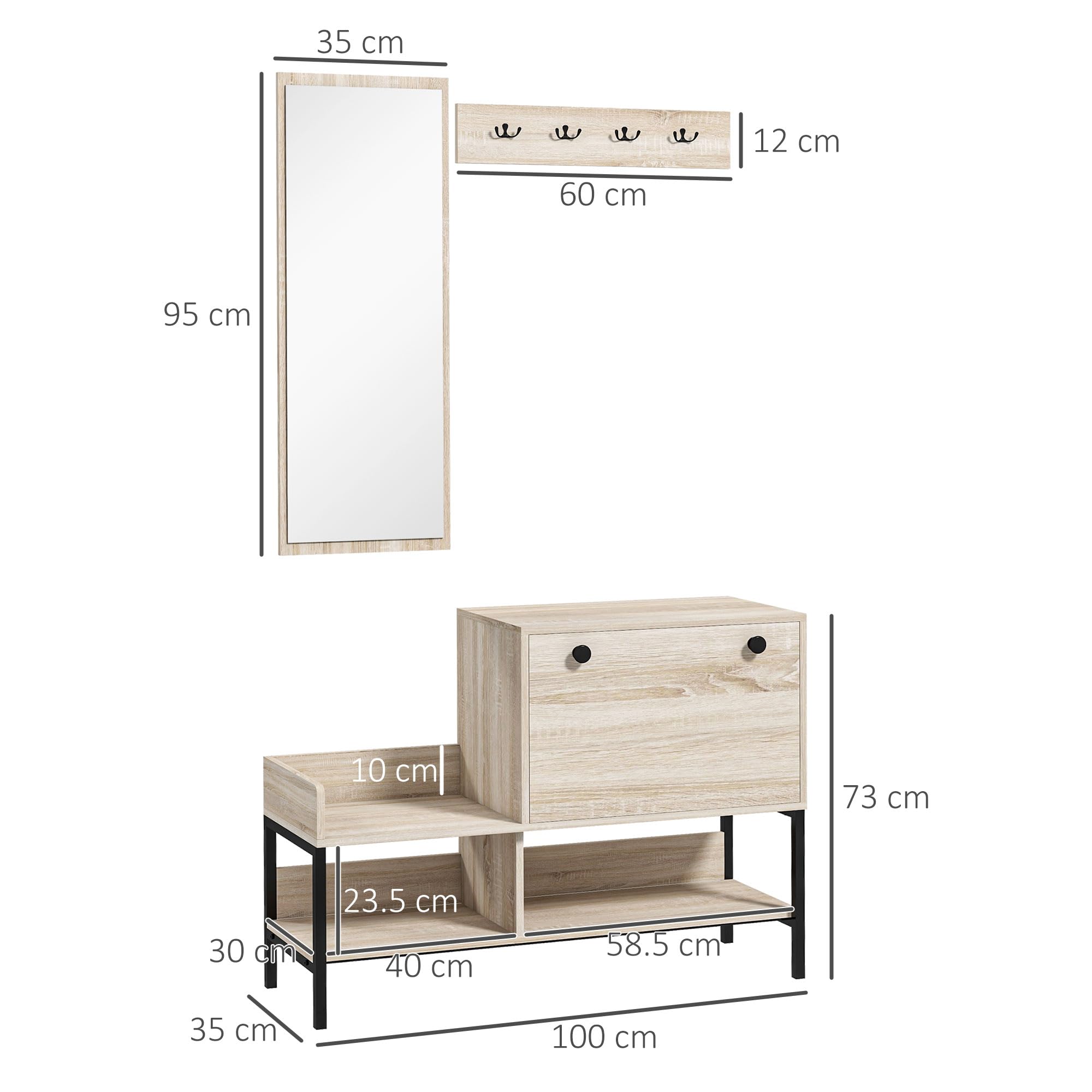 HOMCOM Ensemble 3 en 1 Meuble d'entrée vestiaire Design Contemporain Meuble Chaussures, Miroir et Panneau Porte-Manteau Acier Noir