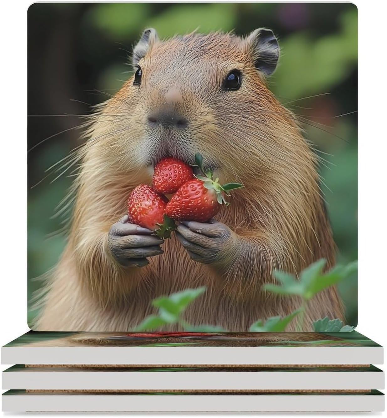 Capybara Eating Strawberry Funny Ceramic Coasters for Drink Absorbent Cup Holders Tabletop Protection