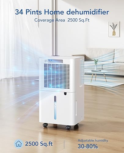 Miniatura 2 de Deshumidificador de 2500 pies cuadrados para sótano con manguera de drenaje máximo 34 pintas, deshumidificadores para el hogar, habitación grande,