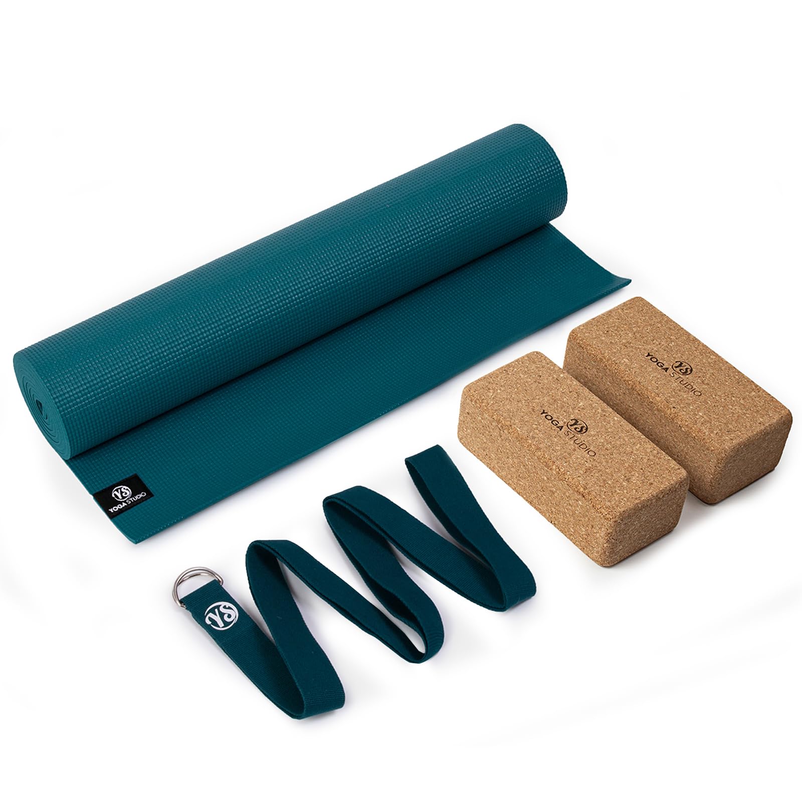 Yoga Studio Oeko-Tex Starter - Set da yoga in sughero, tappetino da yoga, 2 blocchi di sughero e cinghia per yoga, per casa, palestra, allenamento yoga