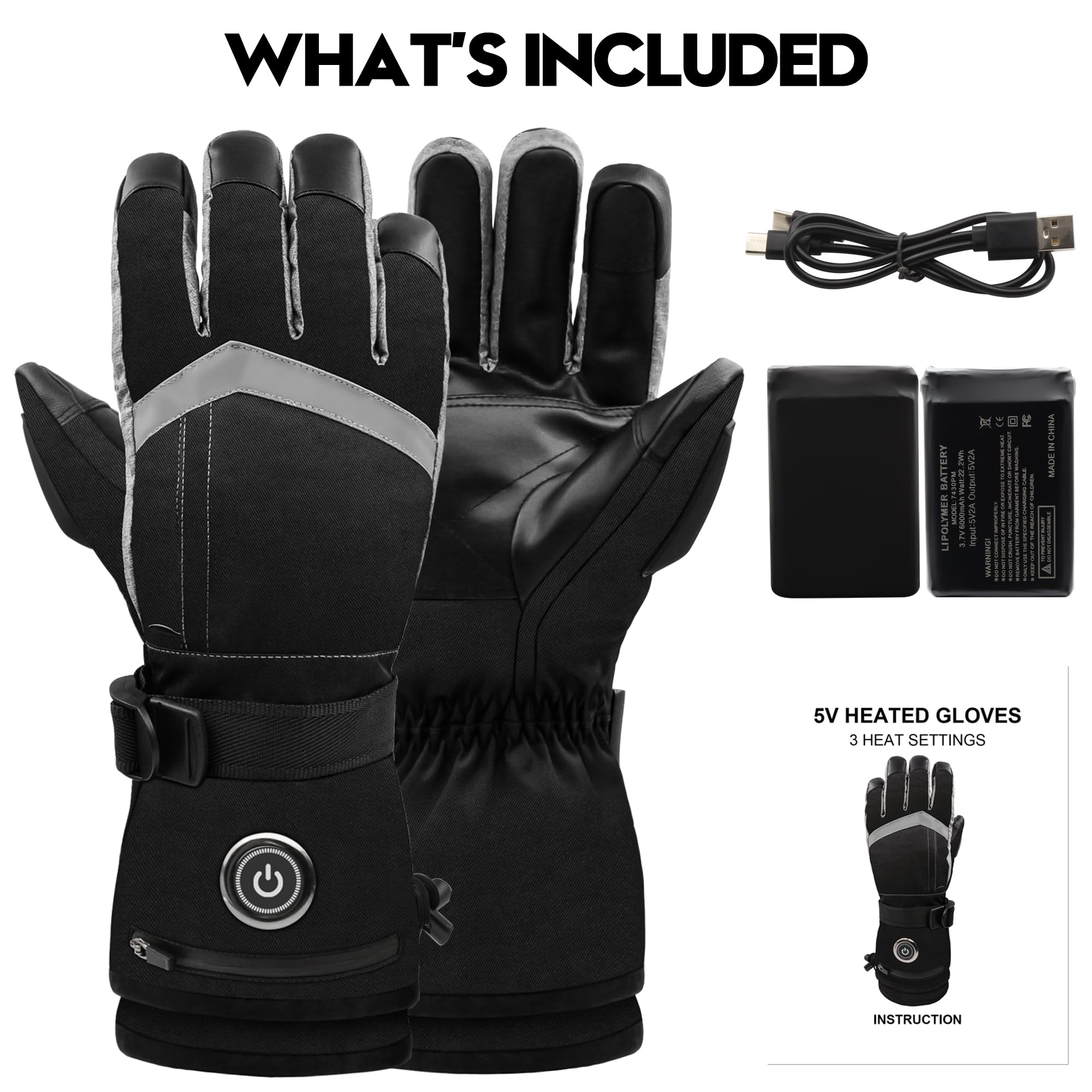 Guantes térmicos para hombres y mujeres, 6000 mAh, batería recargable, guantes calentadores de manos con pantalla táctil, guantes de esquí impermeables con calefacción eléctrica para invierno, trabajo