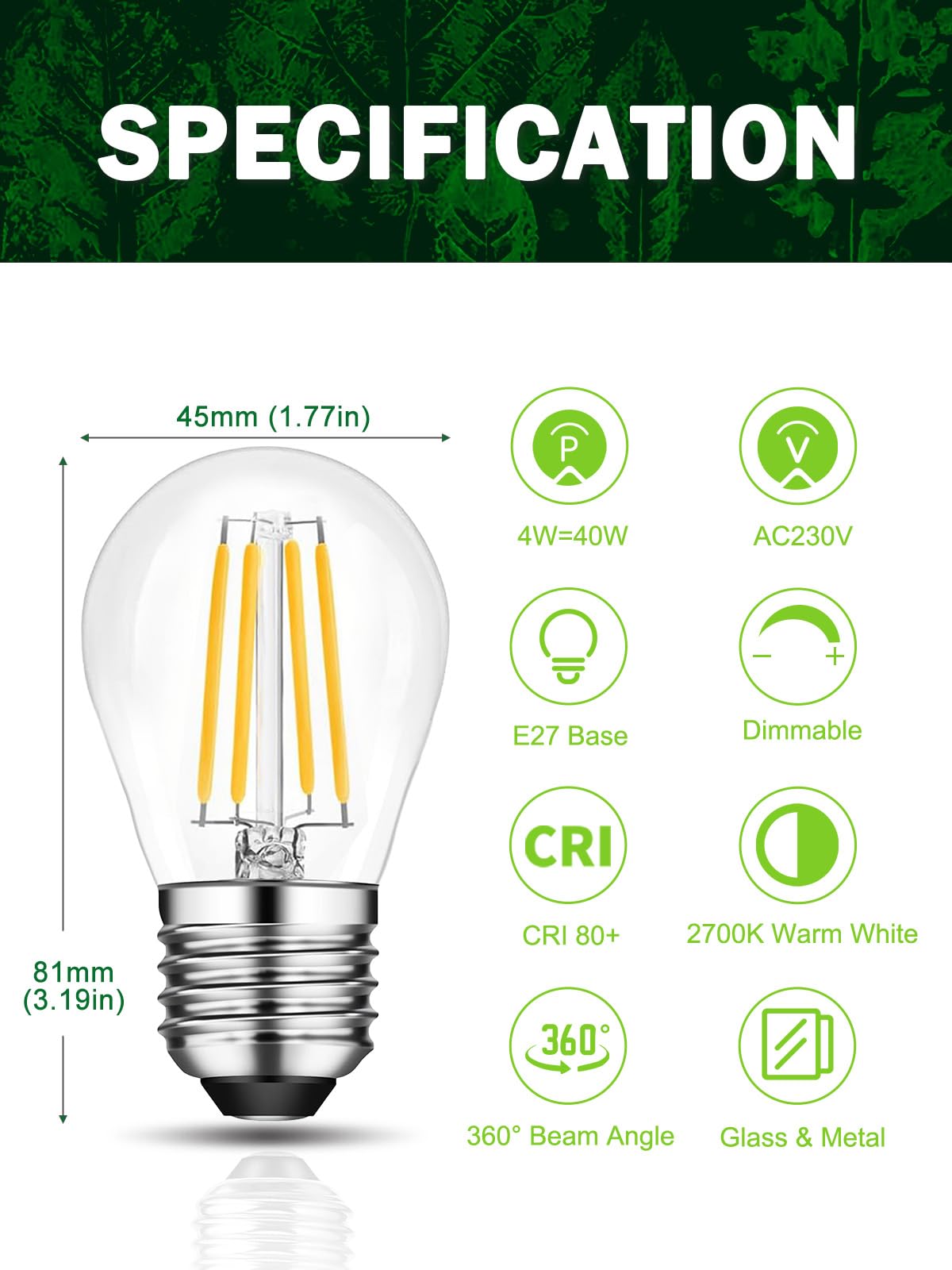 ROMANJOY G45 4W E27 Screw Bulb 40W Equivalent, Dimmable LED Light Bulb Warm White 2700K, Glass Cover - Image 2