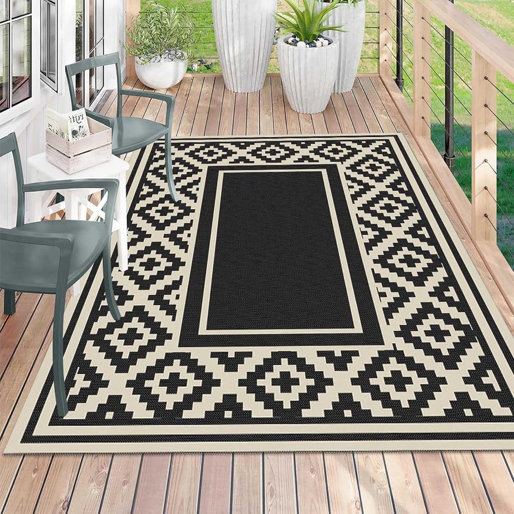 Czarny i Beżowy Geometryczny Dywanik,180x270,Przenośny,Dwustronny,z Recyklingowanej Słomy z Plastiku Dywaniki i Maty Kempingowe,Wodoodporny Dywanik na Zewnątrz,Ganek,Balkon,Plażę,Basen,Piknik