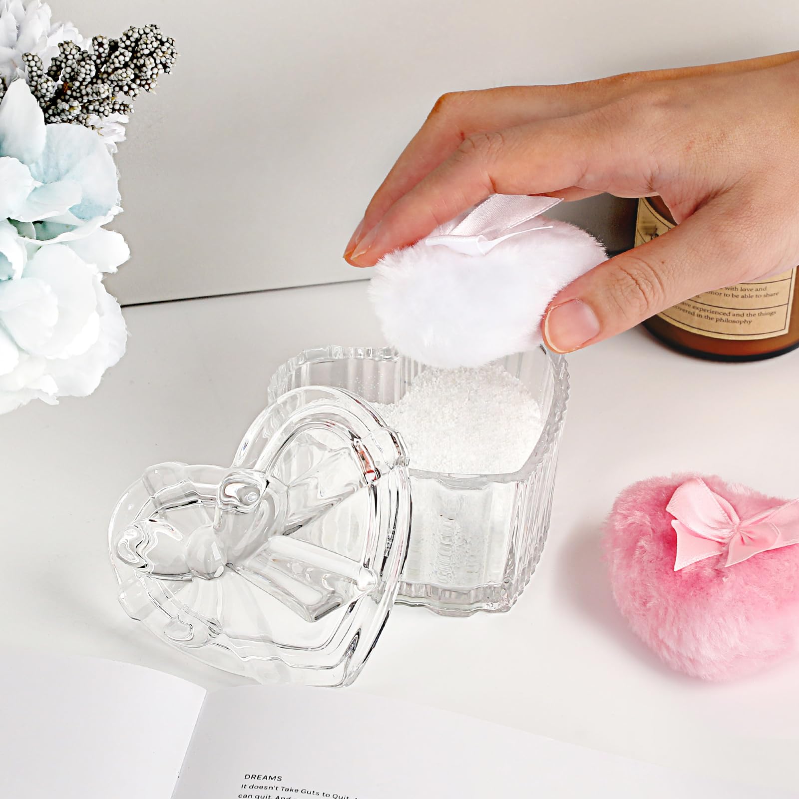 Recipiente para polvos corporales con borla para polvos de bebé, caja de cristal transparente con 2 borlas de polvo para polvos sueltos, talco para mujeres y niñas, regalo para cumpleaños