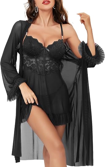 Women Sexy Lingerie Set, 3 Piece Babydoll with Mesh Kimono Robe & Lace Panty, Lace Trim Teddy Chemise Nightwear