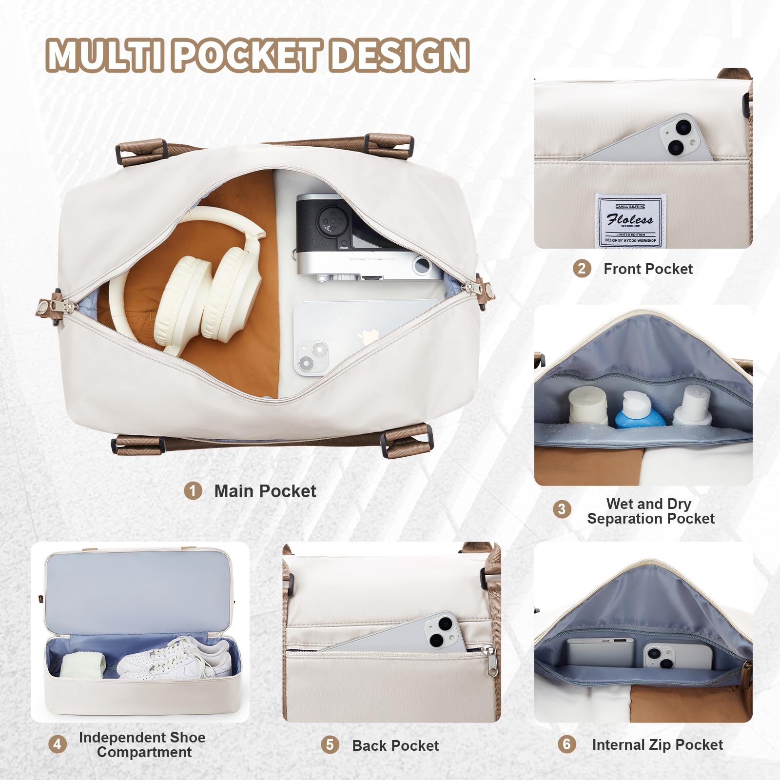 WEPLAN Borsa da Viaggio Donna Borsa da Viaggio Aereo 45x36x20 Easyjet Bagaglio a Mano Borsa Sportiva Unisex Weekender con Scomparto per le Scarpe Borsone Palestra Donna Ospedale,Beige Marrone L