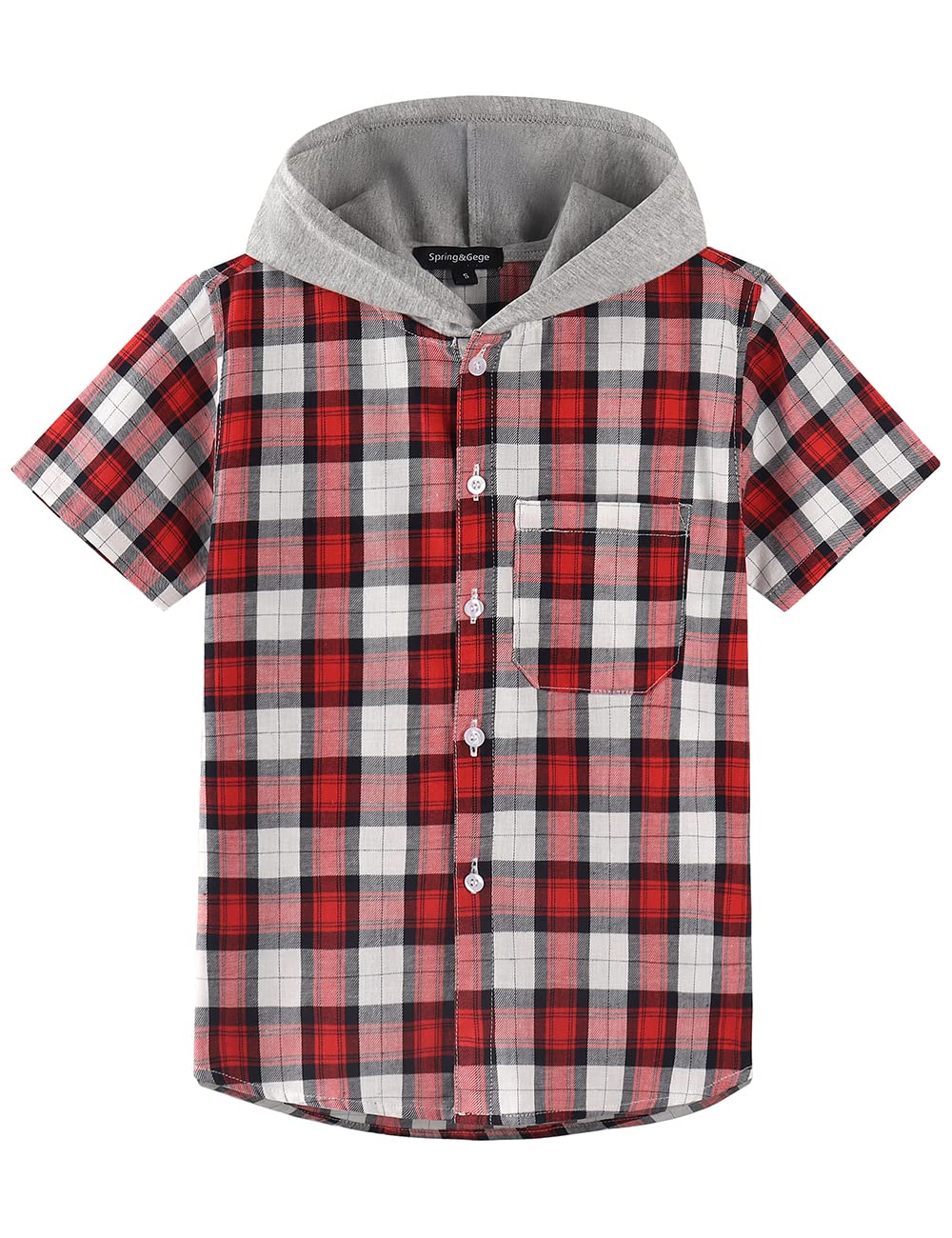 Spring&Gege Chicos Manga Corta Camisa con Capucha a Cuadros Algodón Camisa de Botón a Cuadros para Niños (5-14 Años)