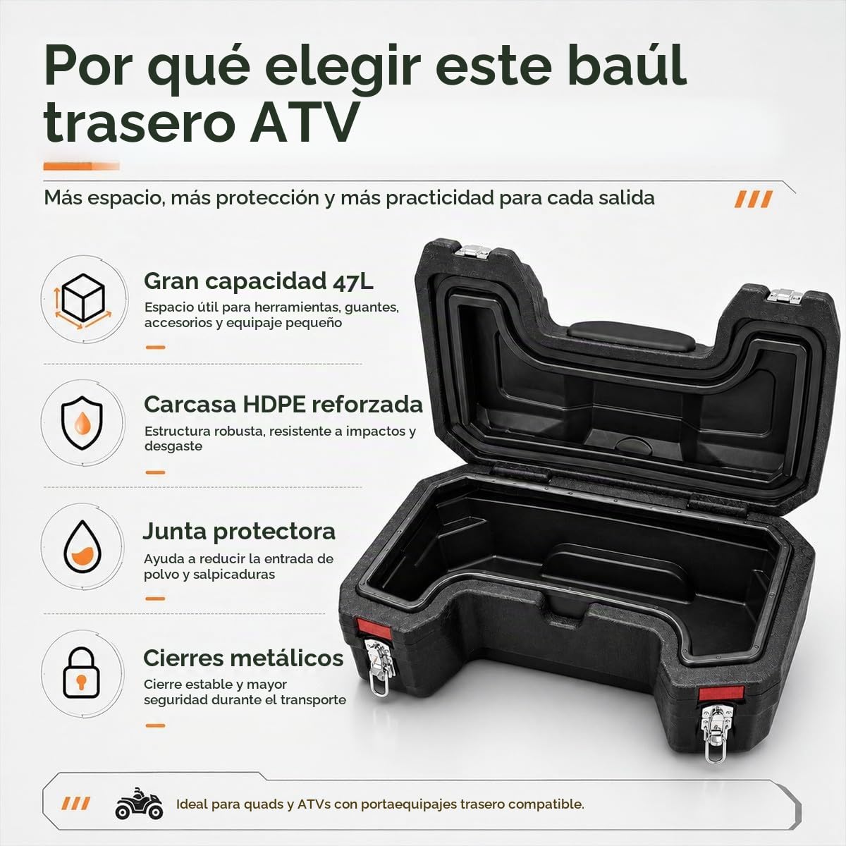 Caja Trasera ATV Quad 47L en HDPE,Baúl Rígido con Respaldo Integrado y Cierres Metálicos,Contenedor para Vehículos con Portaequipajes,75 x 40 x 31 cm,Negro