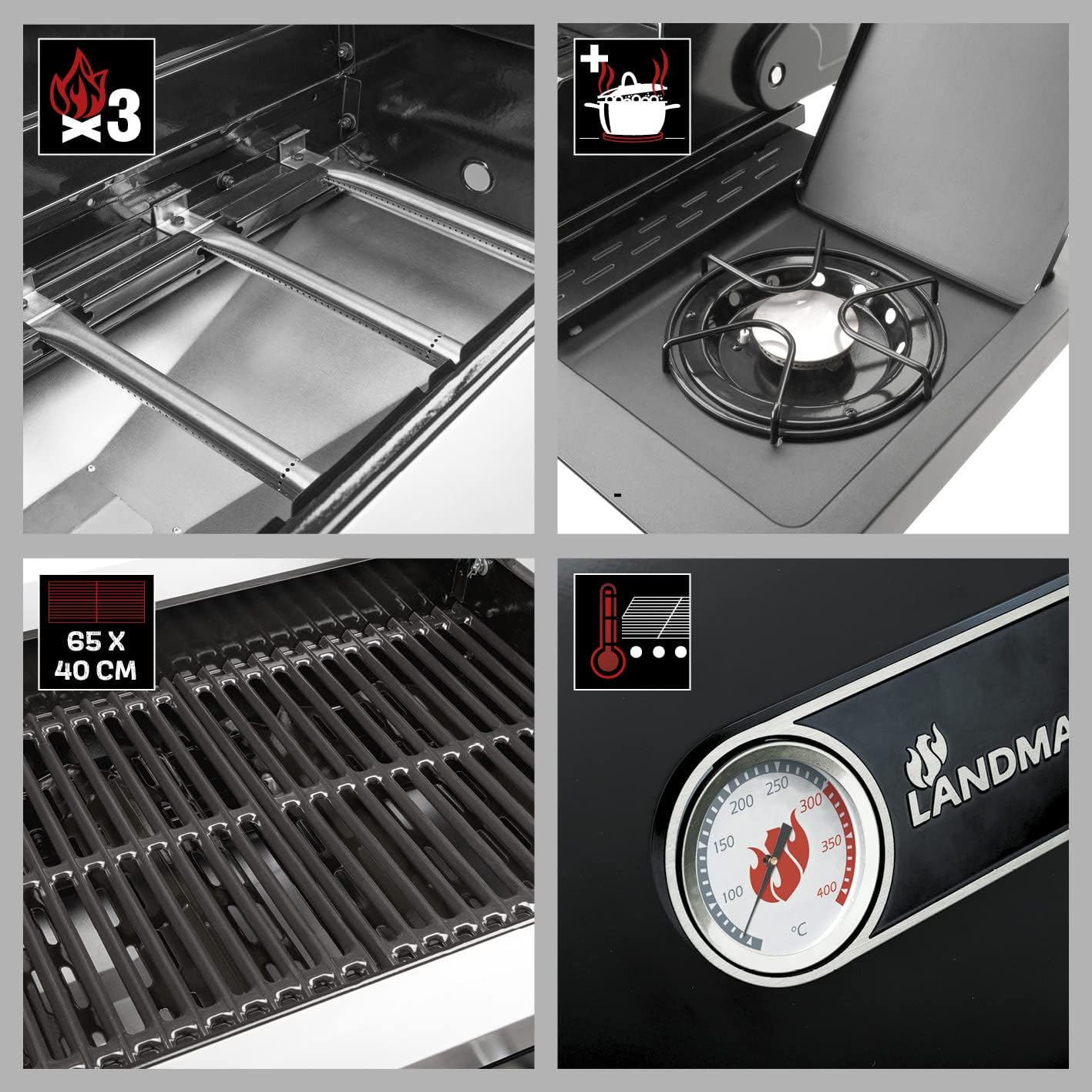 Landmann Rexon PTS 3.1 Barbecue a gas | 3 bruciatori in acciaio inox regolabili in modo continuo | Coperchio a doppia parete con termometro integrato, griglia smaltata