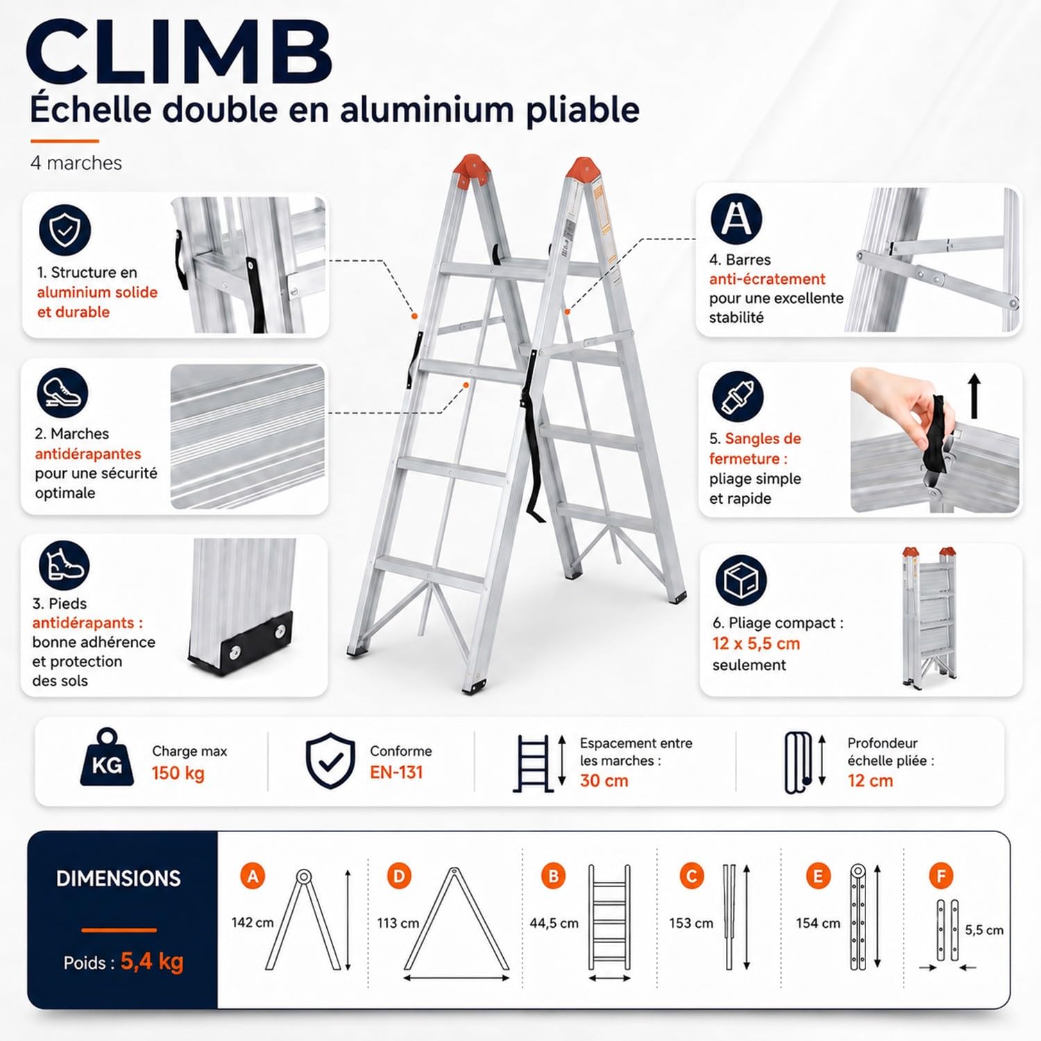 Climb Echelle Double Pliable et compacte en Aluminium 4 marches