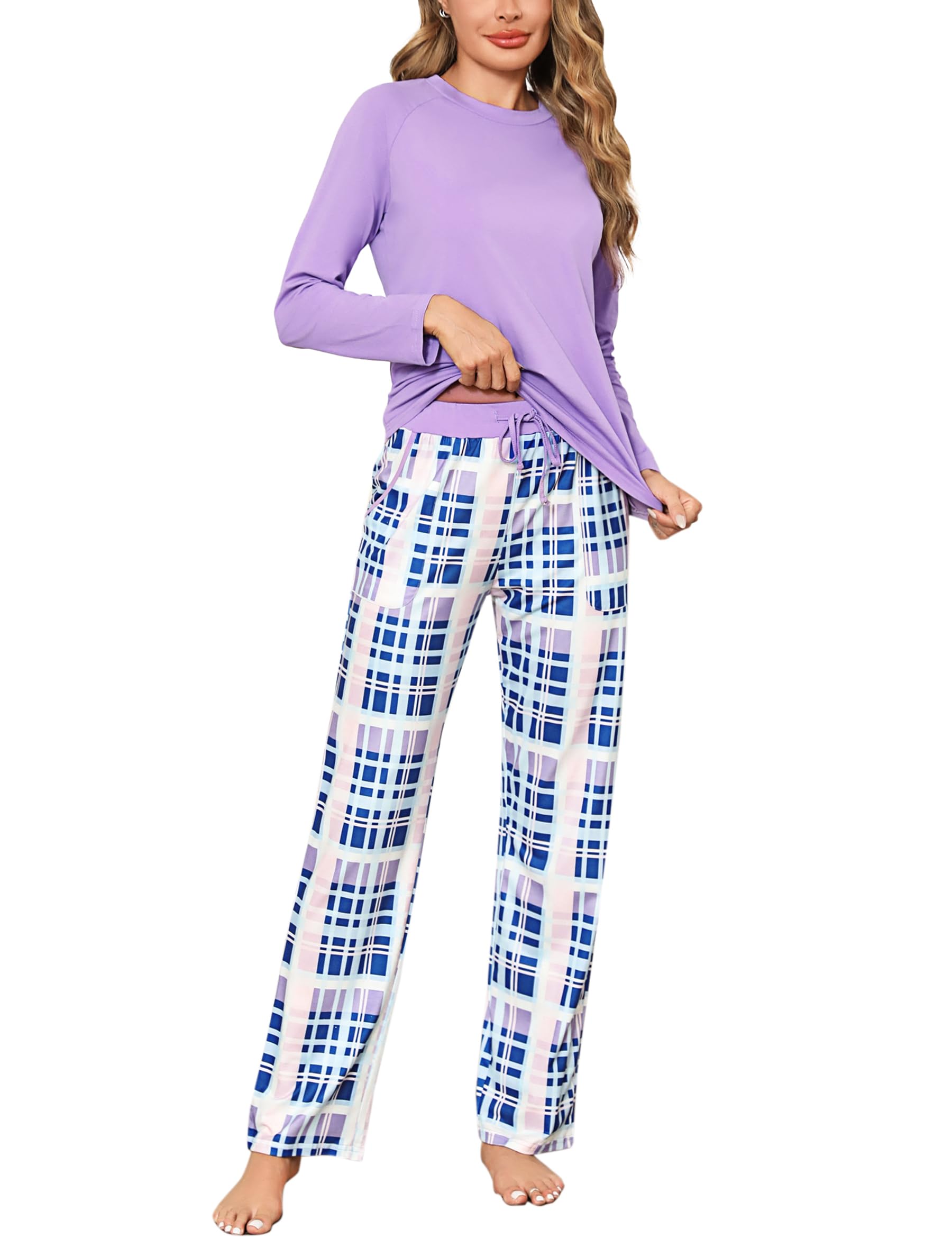Uniexcosm Pigiama Donna, Pigiama a Quadri Donna Lungo Pigiama da Donna Cotone Leggero con Girocollo Pigiama 2 Pezzi Donna con Tasca Sciolto Accogliente per Casa e Casuale
