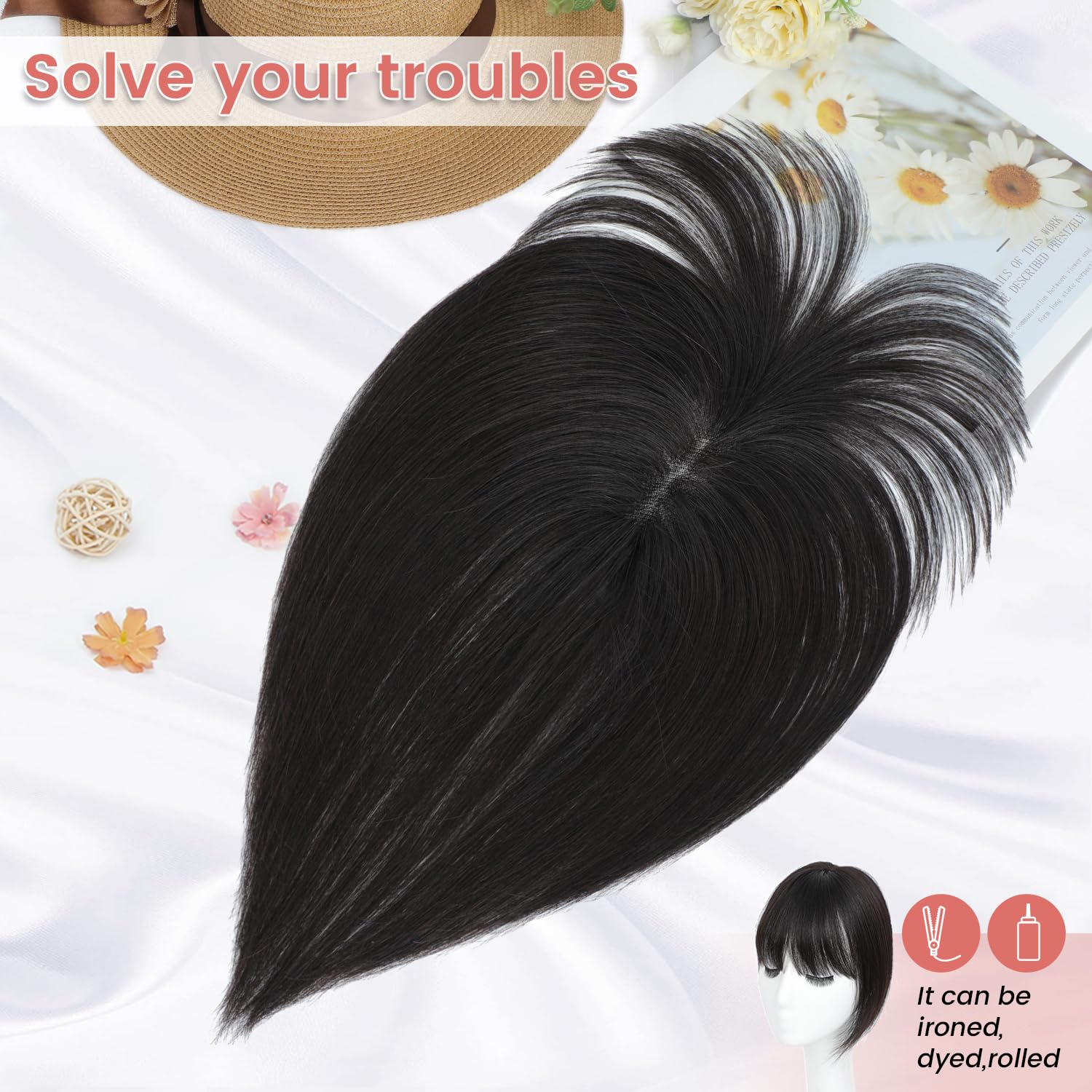 Lasunork Hair Toppers for Women Human Hair Topper with Bangs Hand-woven Swiss Base Hair Topper (Natural Black) - Image 3