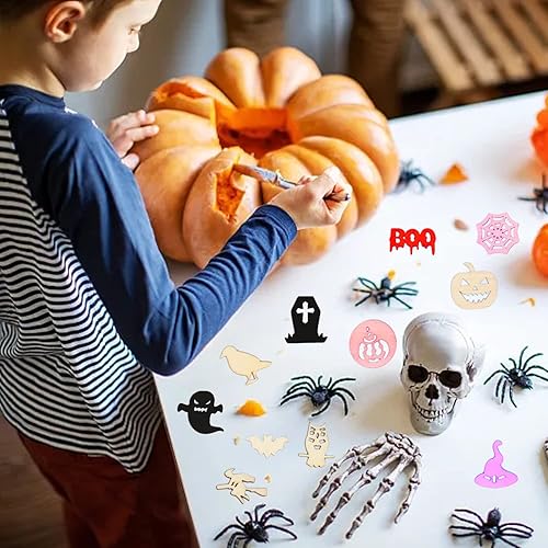 Miniatura 6 de yueton 100 piezas de mini calabazas, fantasmas, telarañas, sombreros de bruja, murciélagos, Halloween, piezas de madera en blanco sin terminar,