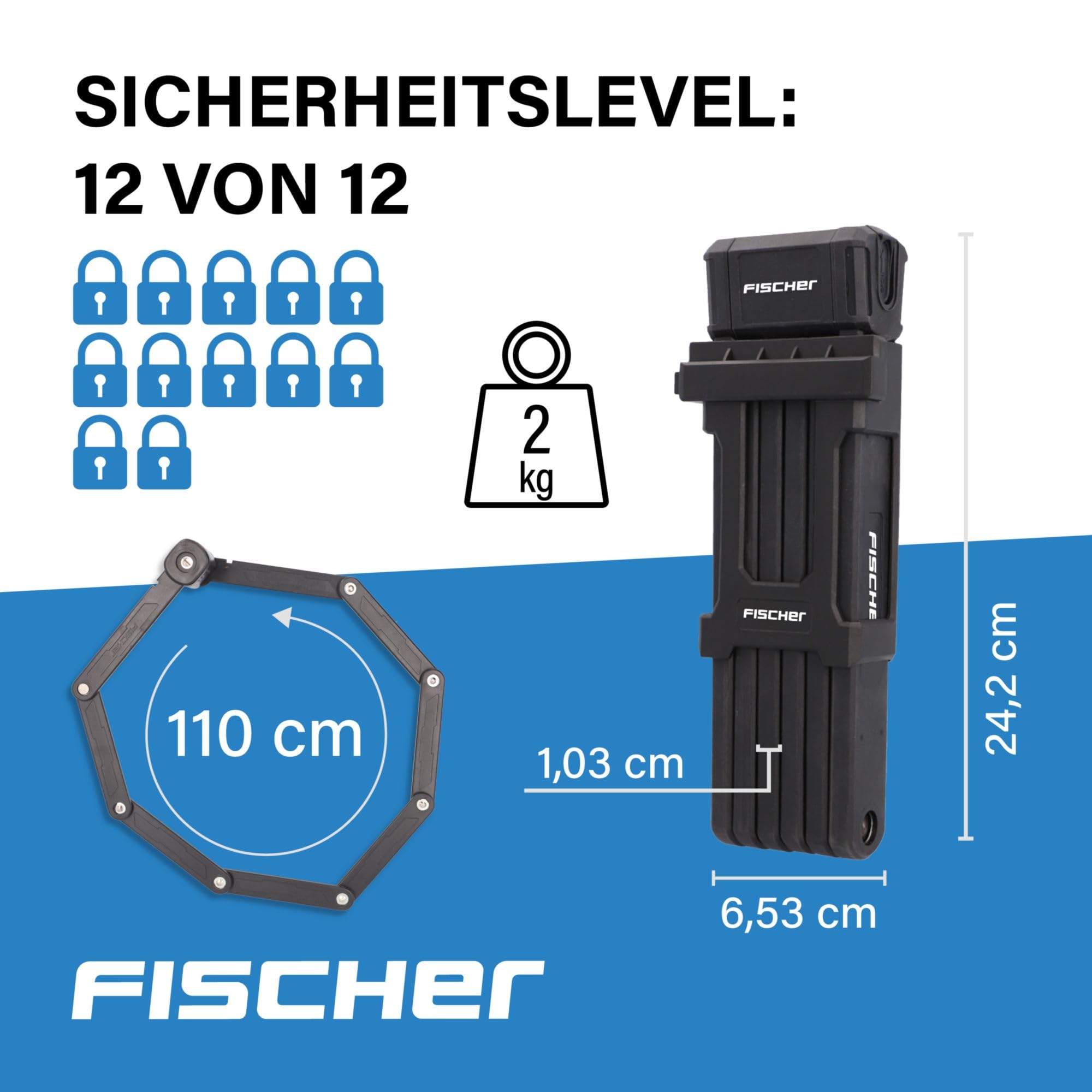 FISCHER PROTEC PLUS FK110 składane zapięcie rowerowe, wysokie bezpieczeństwo dzięki hartowanej specjalnej stali, zapięcie rowerowe z uchwytem i 3 kluczami, długość: 110 cm, czarne