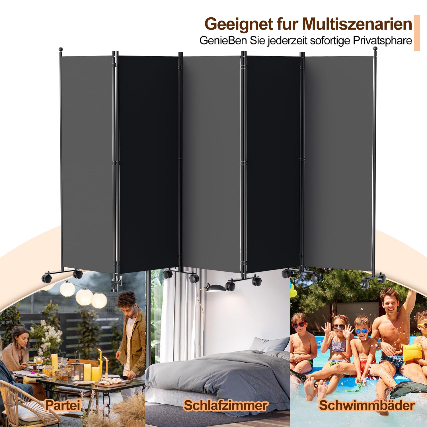 Fiqops Biombo separador de espacios con ruedas, 5 unidades, 284 x 181 cm, resistente a la intemperie, para exteriores, oficinas, balcones, color antracita