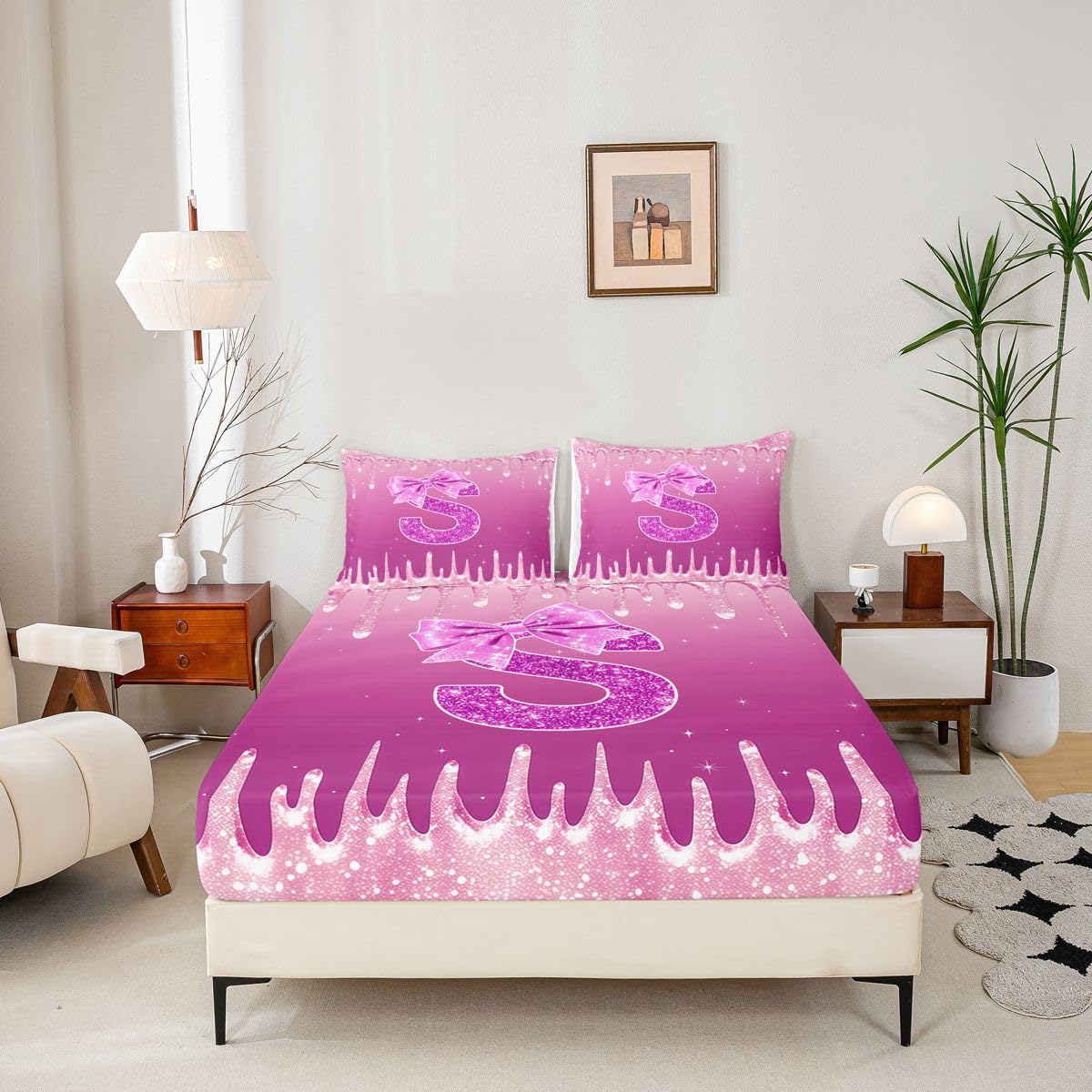 Homemissing Sábana bajera ajustable con lazo rosa con 2 fundas de almohada, tamaño King, con inicial S personalizada de 16 pulgadas de profundidad, sábana bajera ajustable para niños y niñas