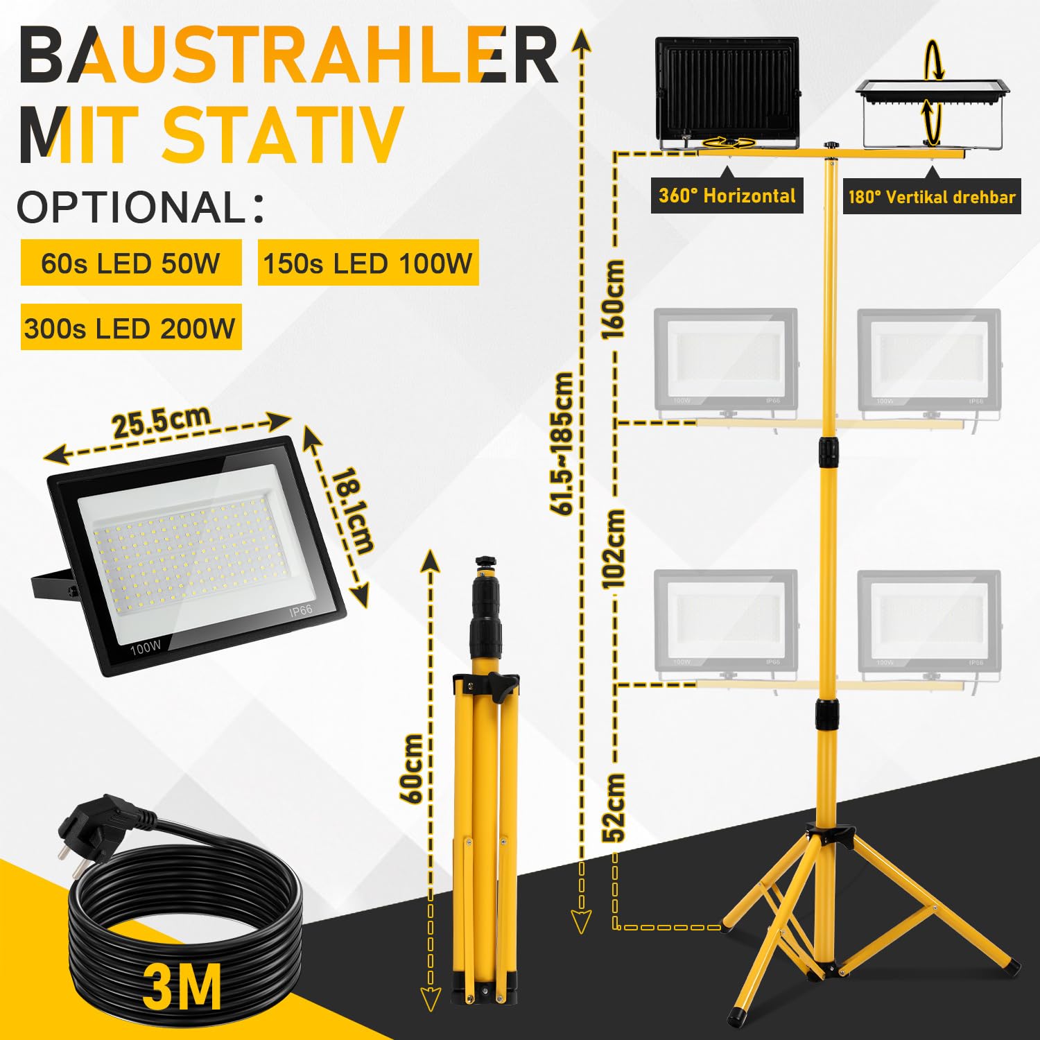 4x100W Baustrahler LED mit Stativ IP66 LED Baustrahler Höhenverstellbar & Drehbar Baustellenlampe mit 3m Kabel Stecker,Baulampe wartungsfrei für Baustelle,Werkstatt,Garten