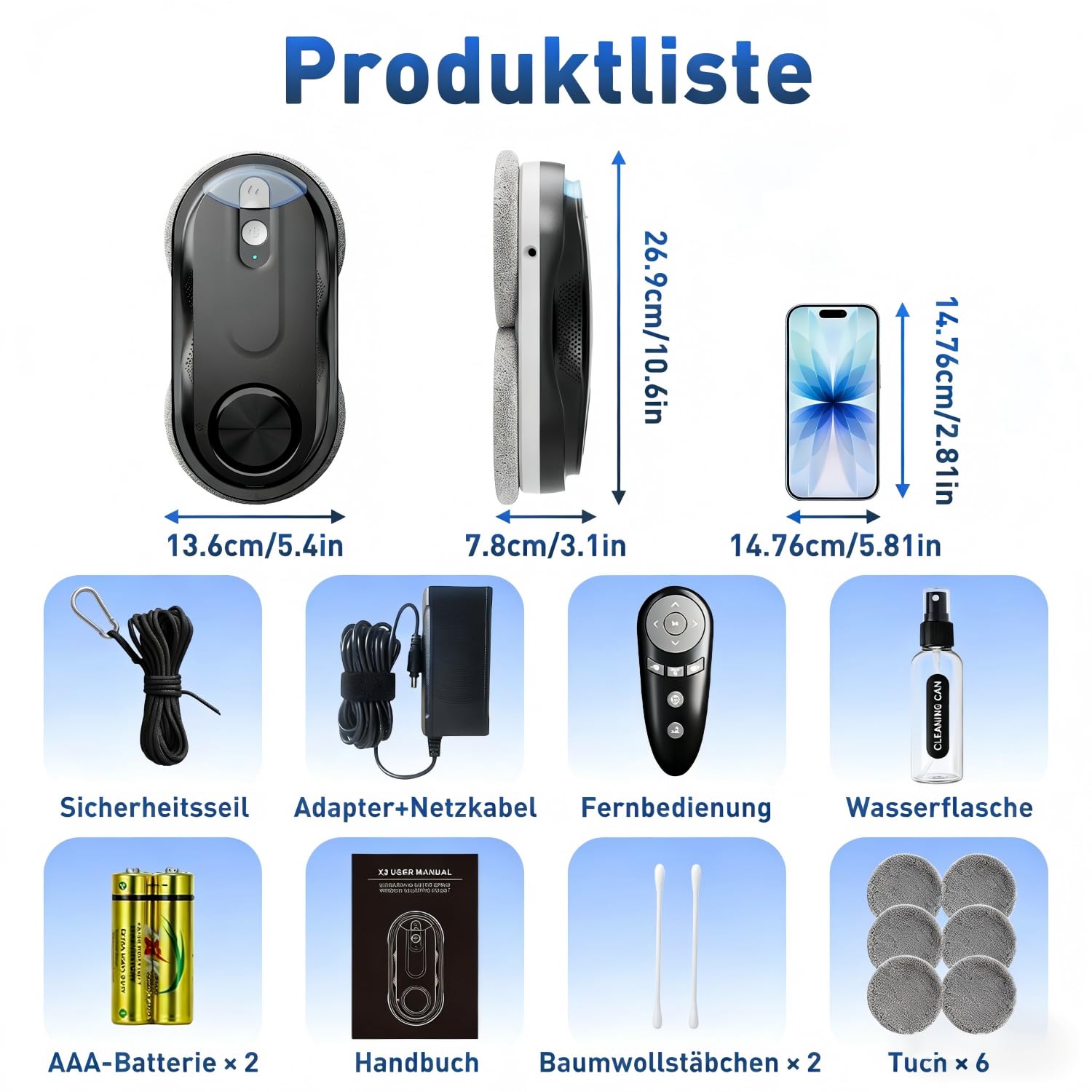 KKI Fensterputzroboter, Automatischer Fensterreiniger,Doppel-Spray,Max 3200Pa,KI-Pfadplanung & Randerkennung, Fernbedienung für Hochgeschoss Fenster, Glas, Tür,8xTücher