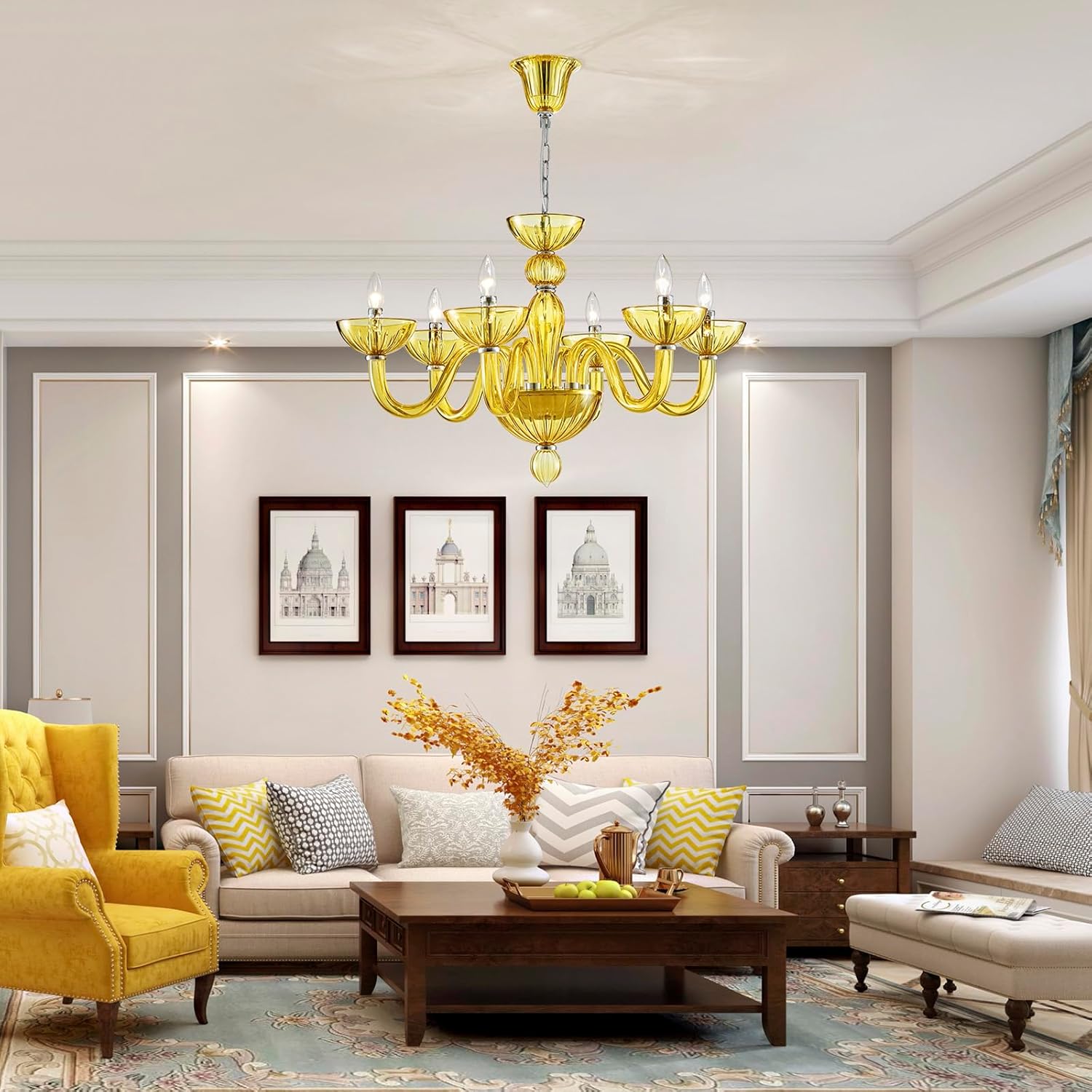 Saint Mossi 6 Light Crystal Chandelier, Modern Dining Room Light Fixture, Yellowish Green Crystal Pendant Light for Bedroom Livingroom, S Glass Tube, D30xW30xH20, E12 Socket