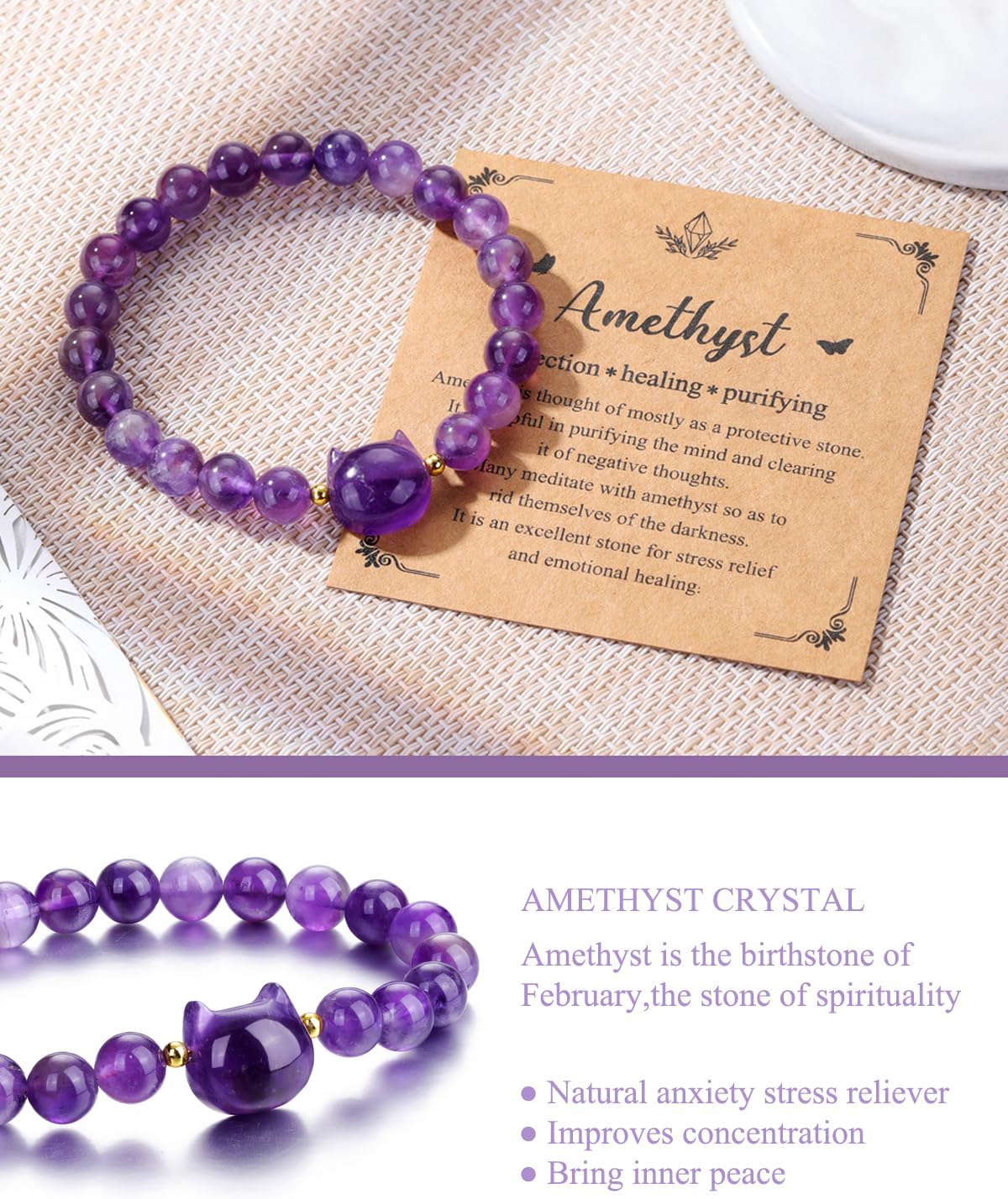 CrystalTears Crystal Cat Bracelet for Women Men 8mm Crystal Stone Bead Bracelets Protection Healing Crystals Gemstones Stretch Bracelet Good Luck Bracelet Jewelry Cat Gifts for Mom Women - Image 6