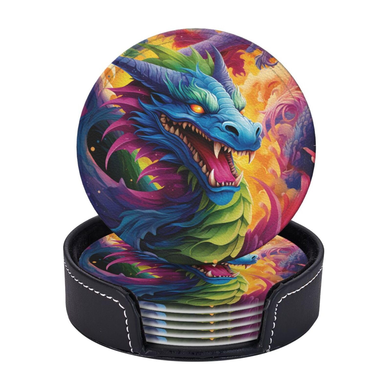 6pcs Drink Coasters with Holder, Leather Coasters for Drinks, Colorful of Dragons Cup Coasters for Coffee Table Decor, Non-Slip Drinking Cup Mat for Hot Or Cold Drink 4"