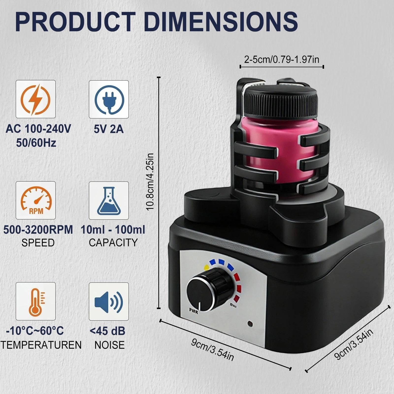 Mezclador vorticial, 500-3200 rpm, tres velocidades | Agitador vorticial para líquidos, apto para 10-100 ml, agitador vorticial esmaltes de uñas, laboratorio, pinturas acrílicas