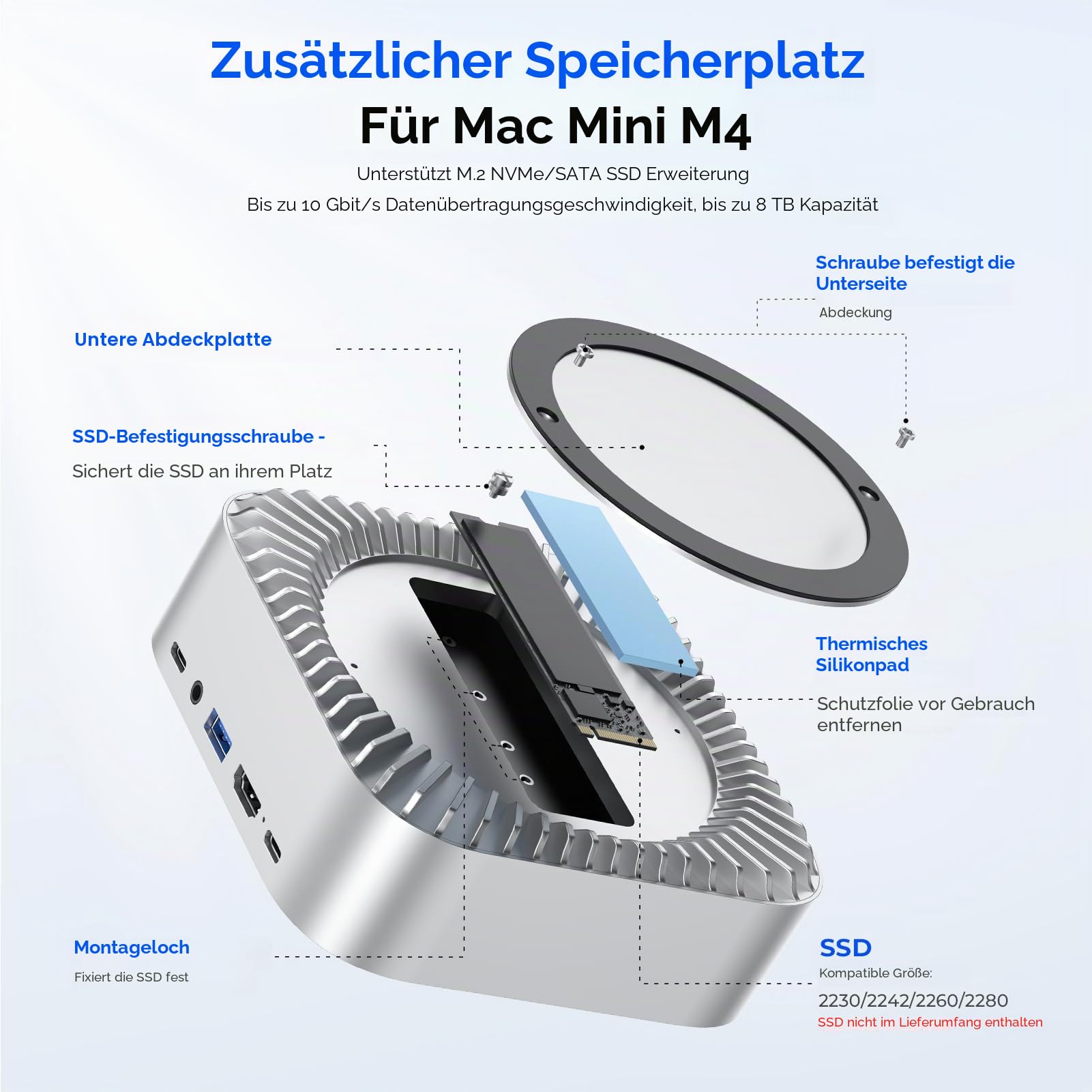 RayCue All-in-One Dock für Mac mini M4 mit 8TB SSD, 4K60Hz HDMI, USB-C & USB-A (10G/5G), SD/TF, Audio - 2024 Mac mini M4 Dockingstation