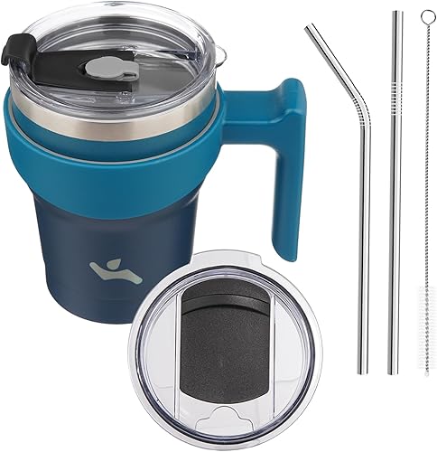 Miniatura 15 de Vaso de 30 onzas con asa y 2 pajitas, 2 tapas, botella de agua aislada de acero inoxidable con vacío, taza de viaje reutilizable, color lavanda