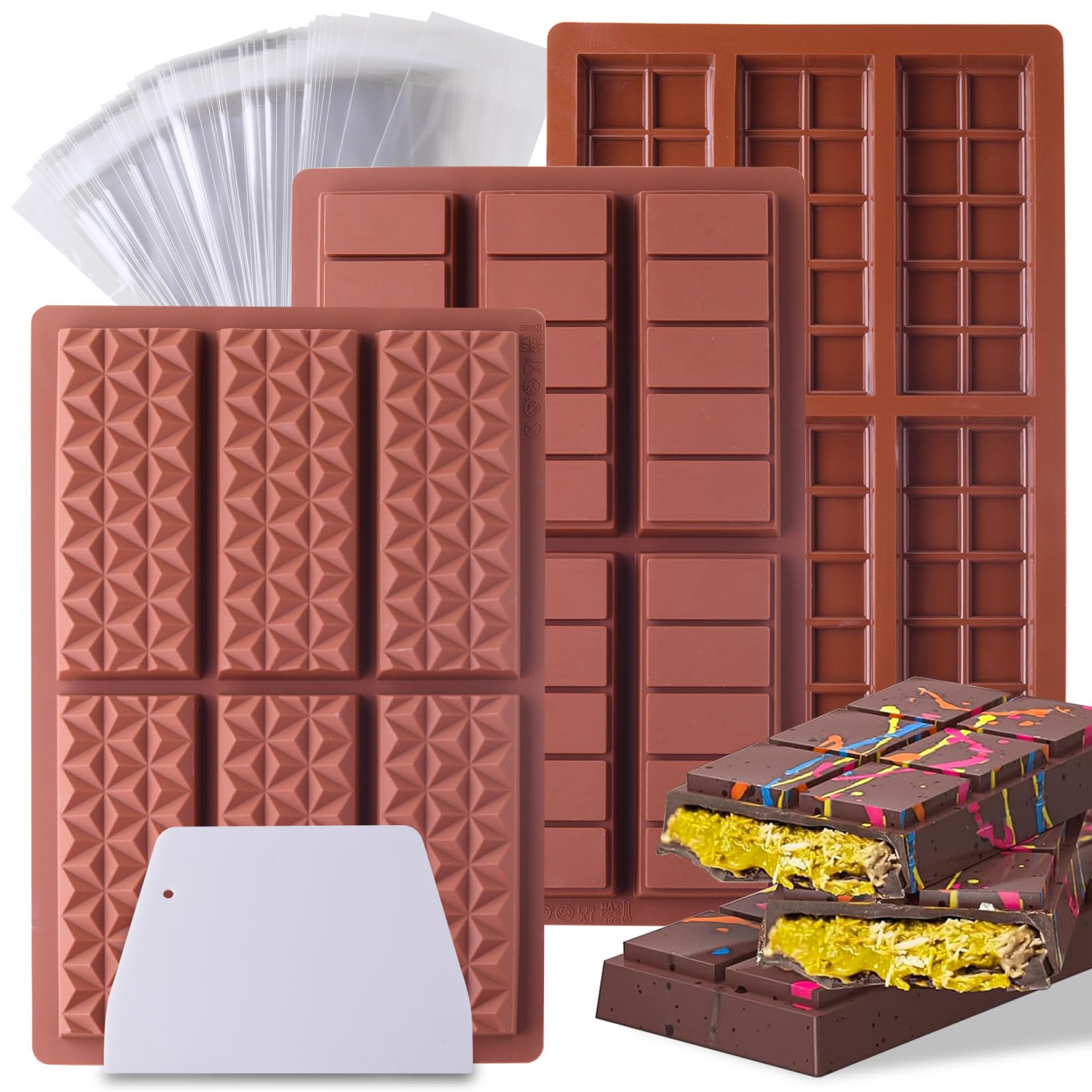 3 Pcs Deep Chocolate Bar Mold, Silicone Mold for Stuffed Chocolate, Break Apart Knafeh Pistachio Candy Molds With Bags and Scraper