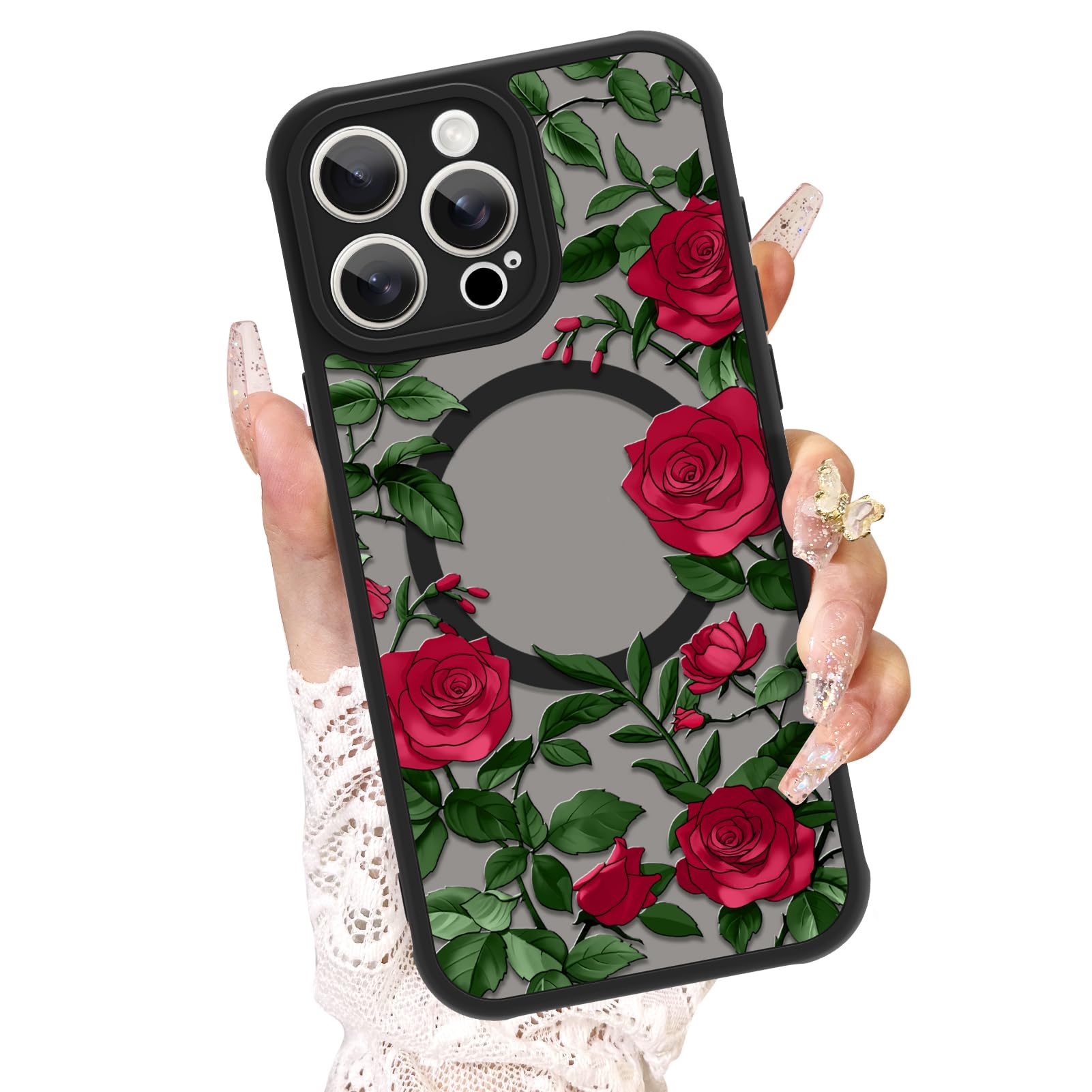 AIGOMARA for iPhone 15 Pro Case, Compatible with MagSafe, Cute Rose Flower Pattern with Semi-Transparent Frosted Phone Case for Woman Gilrs Soft TPU