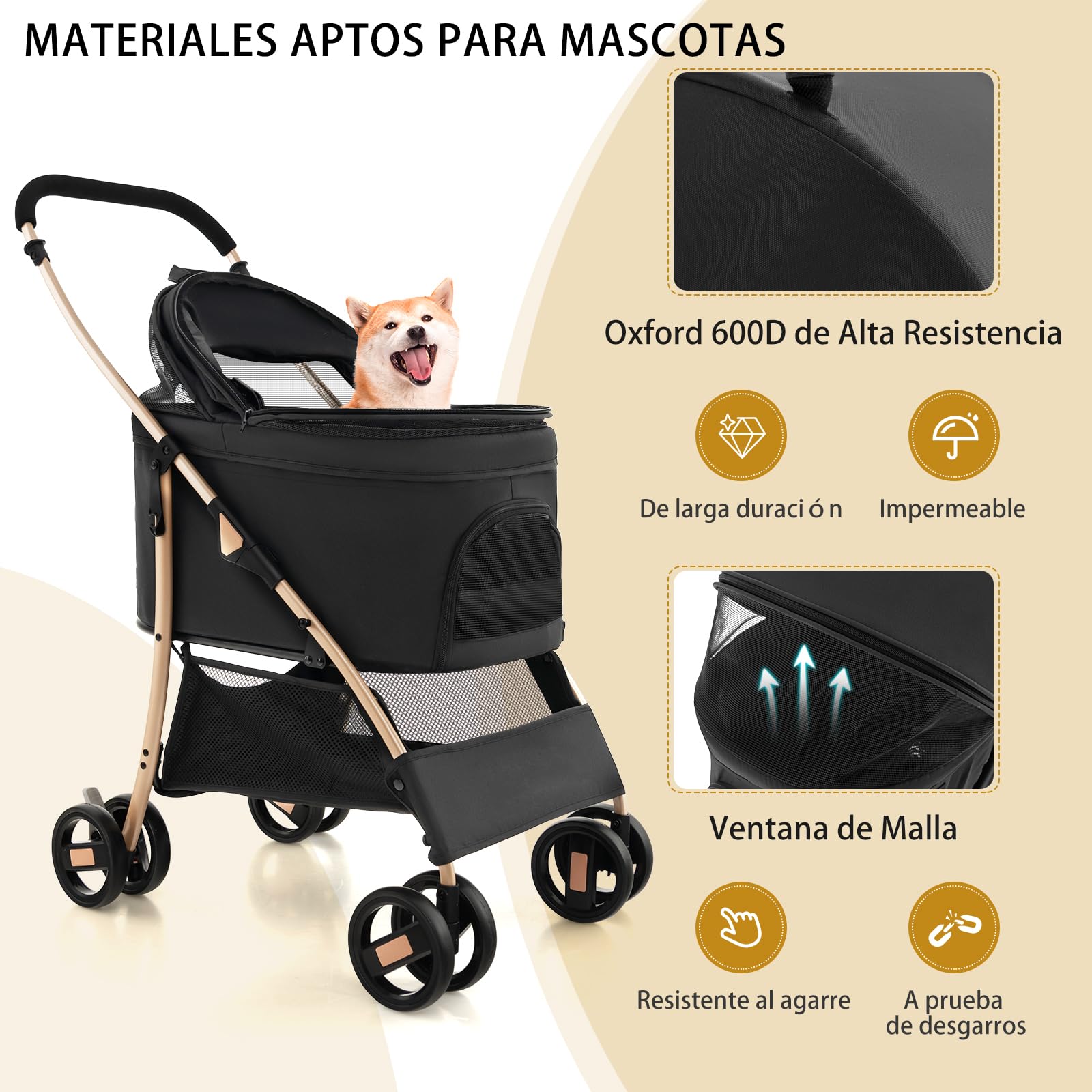 GYMAX Carro para Mascotas 3 en 1, Cochecito Plegable para perros con Soporte Extraíble y Capota Ajustable, Carga 15 kg, Ventanas de Malla, para Perros, Gatos Pequeños/Medianos (Negro)
