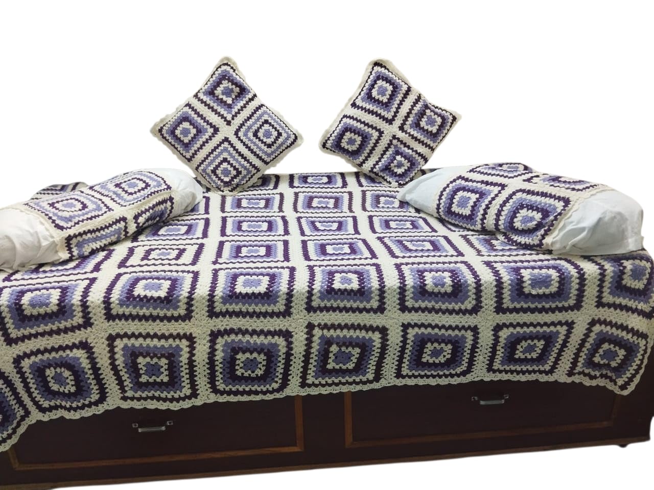 Handmade Crochet Bedspread with Booster and Cushion Covers Set, Purple and Cream Geometric Square Pattern-image-41