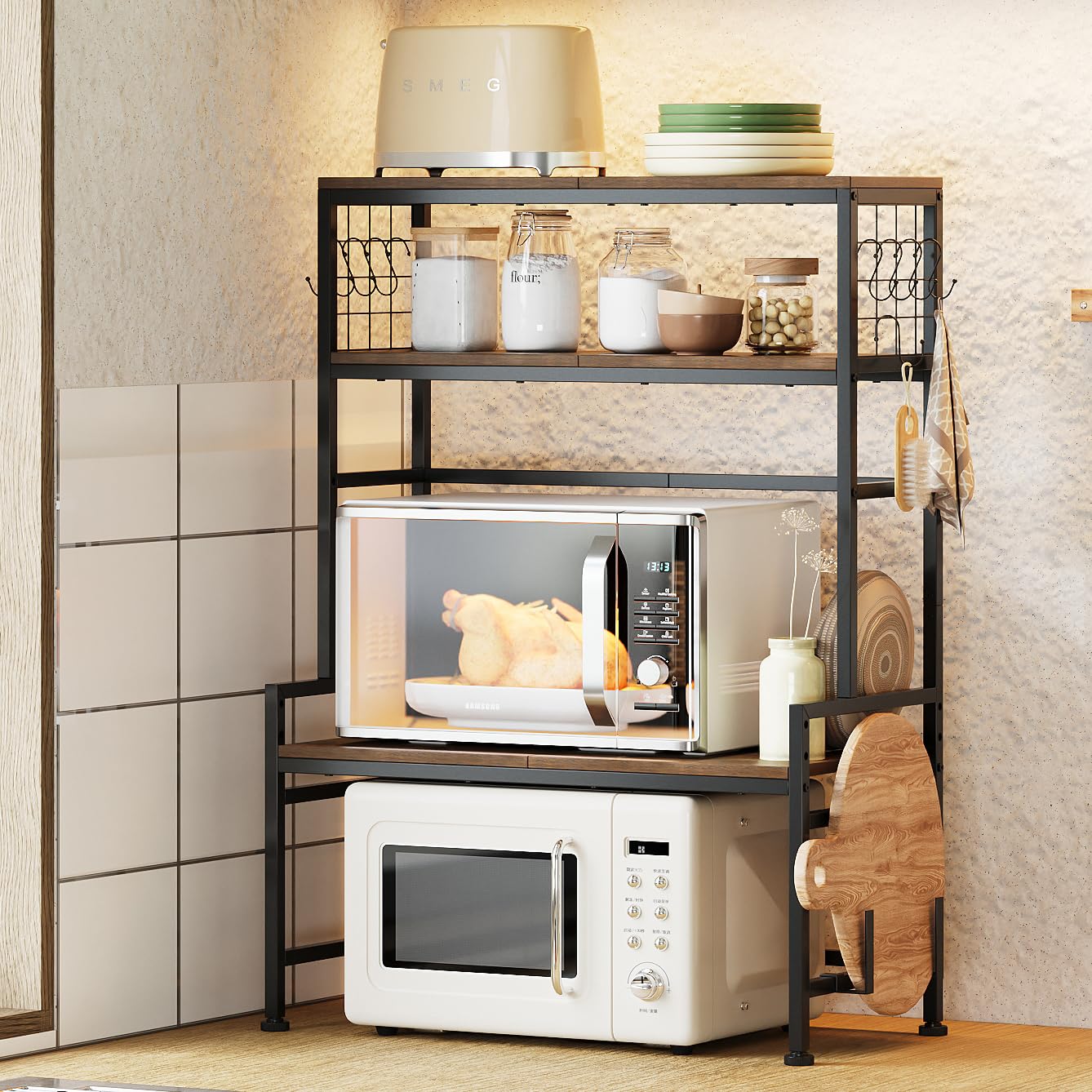 Tohomeor Étagère pour micro-ondes, étagère de cuisine avec support pour micro-ondes avec compartiment réglable et 10 crochets, étagère de boulangerie peu encombrante pour les casseroles, poêles