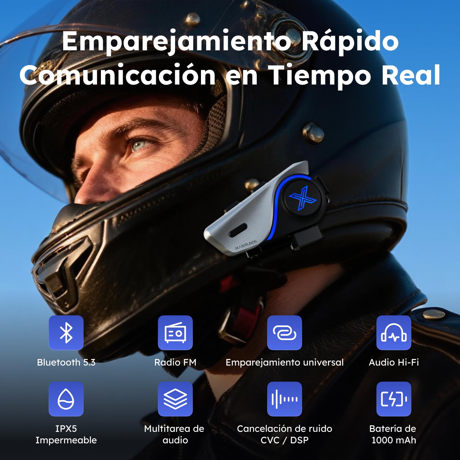 MAXRUNON D9 Intercomunicador Casco Moto para Motocicletas, 2 Vías Intercomunicador Bluetooth 5.3, Cancelación de Ruido CVC/DSP, Multitarea 1000 mAh, Emparejamiento Universal, FM, IPX5-2 Pack