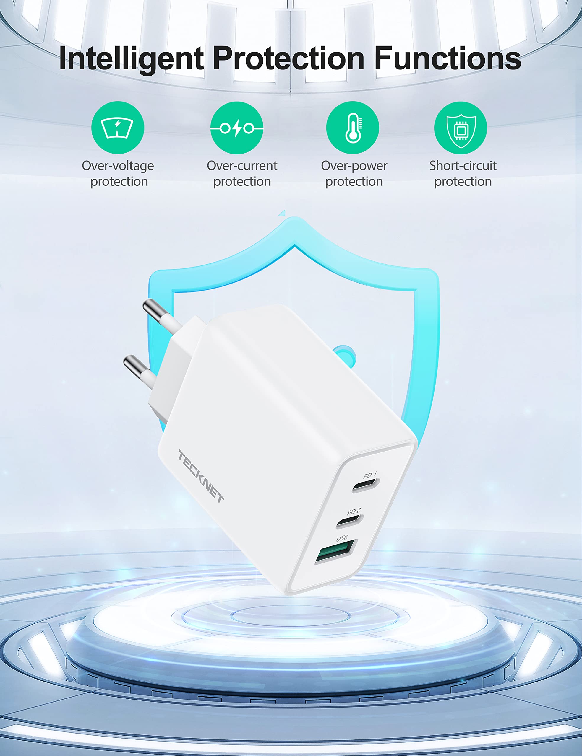 TECKNET Caricatore USB C 65W PD 3.0 GaN Fast Charger, Alimentatore Presa USB 3 Porte,Caricatore USB da Muro Compatibile per iPhone 13 Pro Max/13 Pro/13/13 Mini, MacBook Pro, iPad Pro(Senza Cavo)