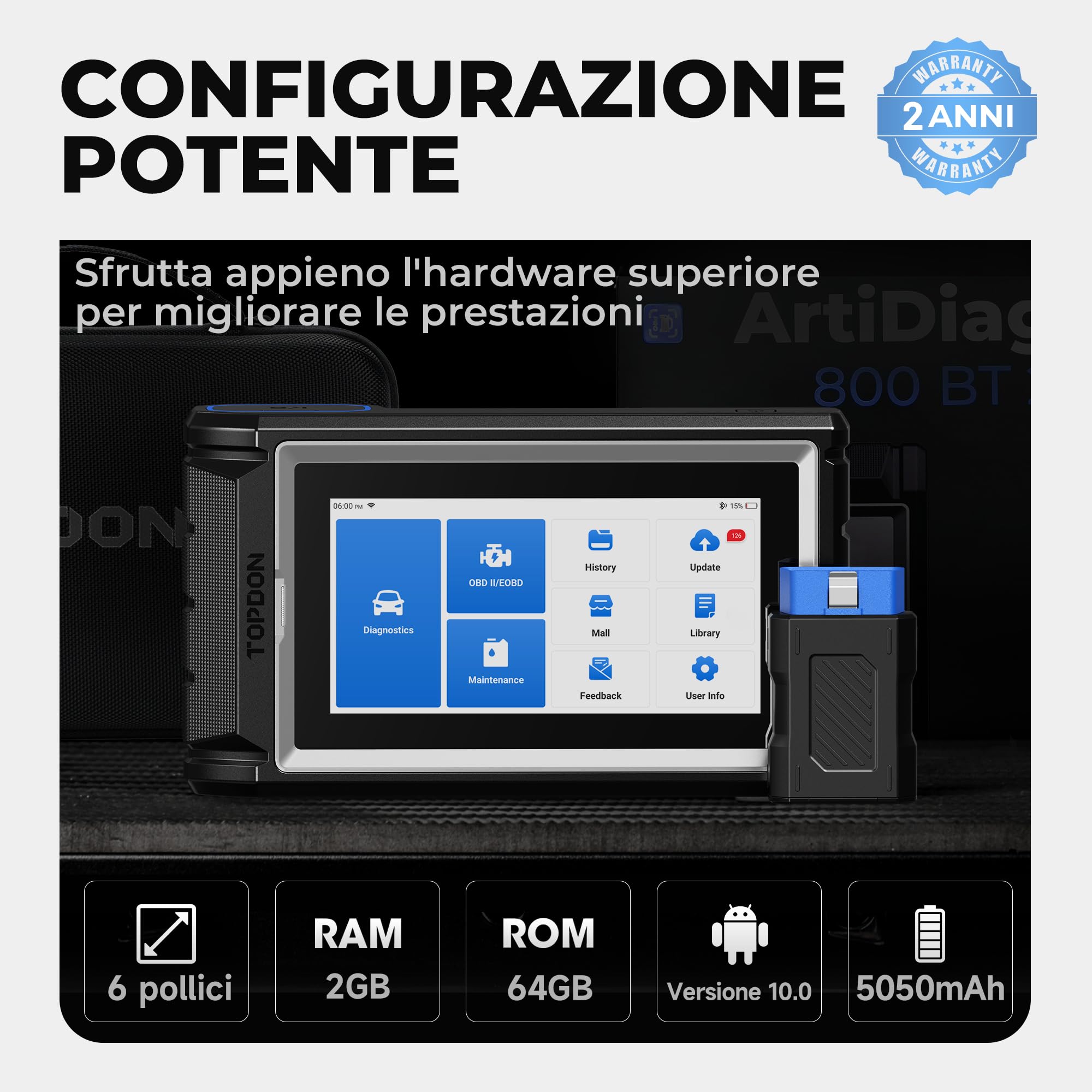 TOPDON ArtiDiag800BT 2 OBD2 Bluetooth Dispositivo diagnostico con tutte le diagnosi di sistema e 28 funzioni di servizio, Controllo Bidirezionale/Test Attivo, 2 Anni di Aggiornamenti Gratuiti
