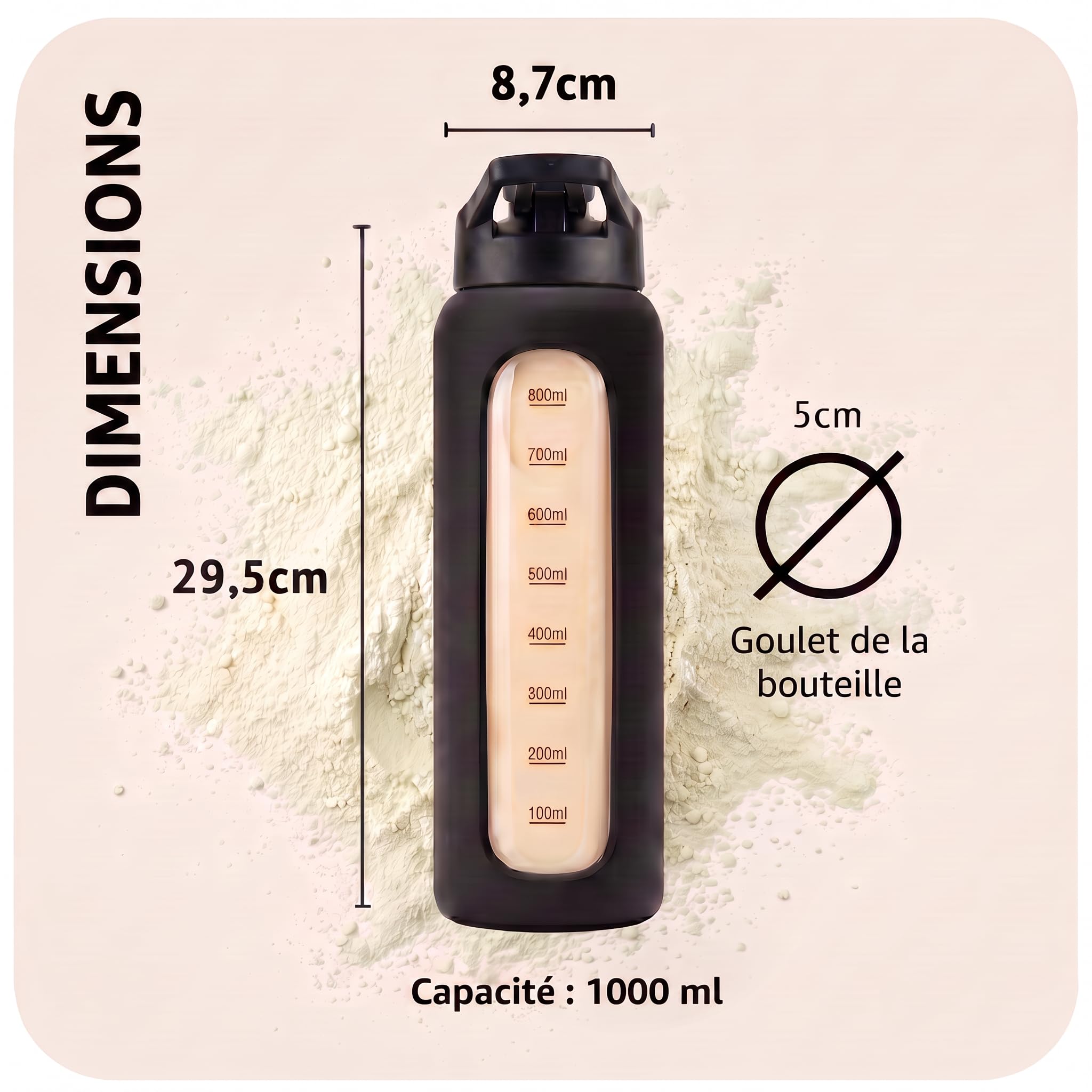 Shaker Protéines en Verre Trempé - 1000ml Gourde avec Boule Mélangeuse | Étanche, Sans BPA & Résistant | Noir