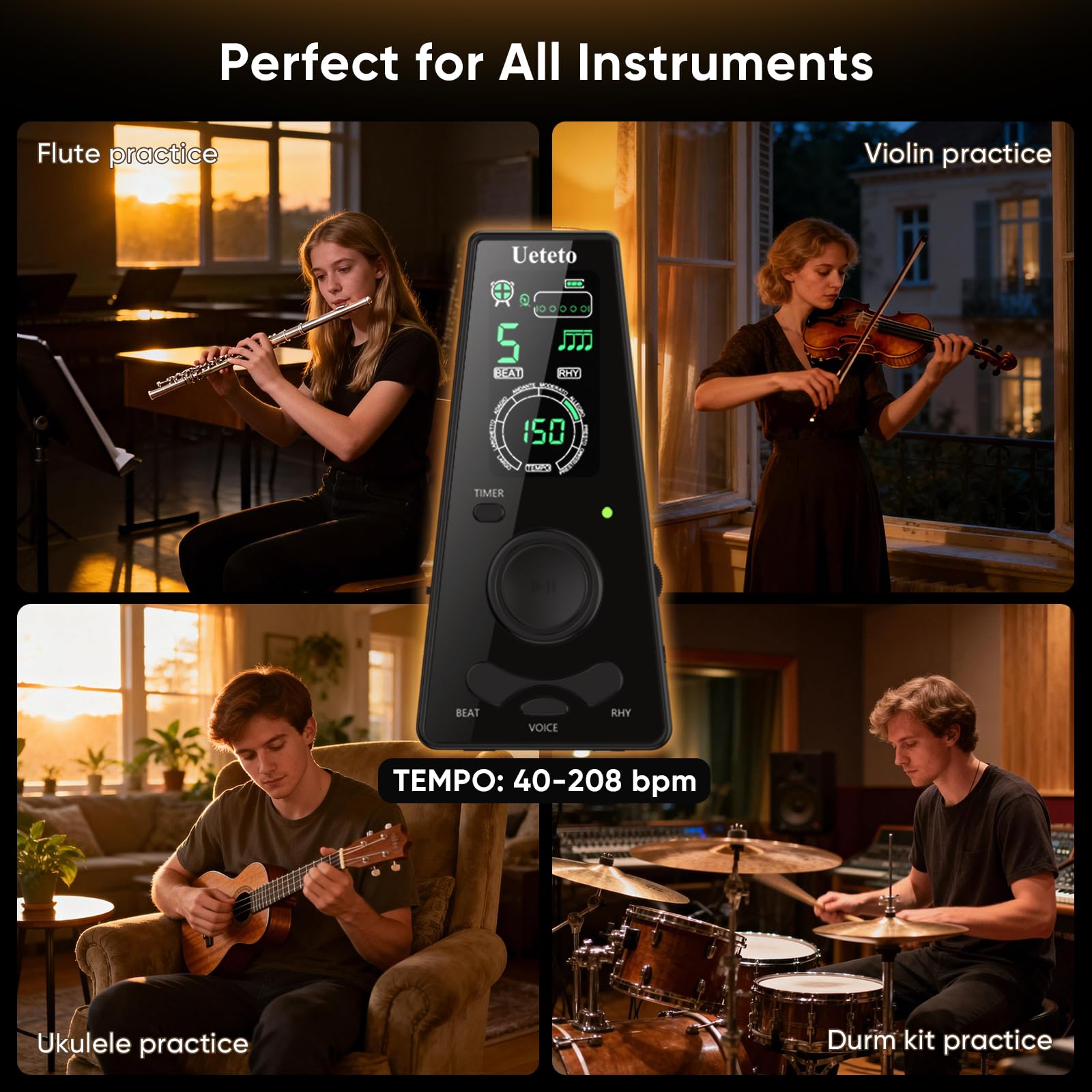 Ueteto Métronome numérique pour piano, guitare, batterie, violon, métronome avec voix humaine et prise casque, 9 rythmes, 40-208 BPM, fonction minuterie pour musiciens