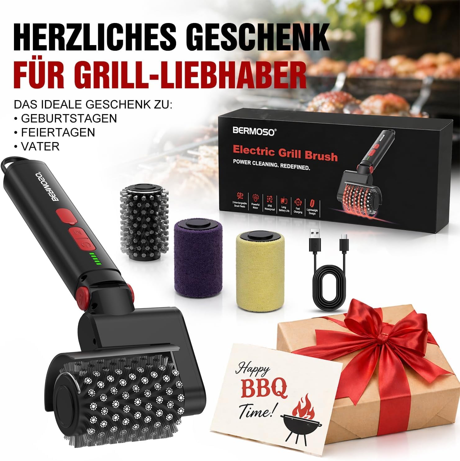 Elektrische Grillbürste, wiederaufladbarer USB BBQ Reiniger mit 3 Stufen & 3 Köpfen, 150+ Min Laufzeit, wasserdicht & hitzebeständig, kabellose Rotationsbürste für Grillroste