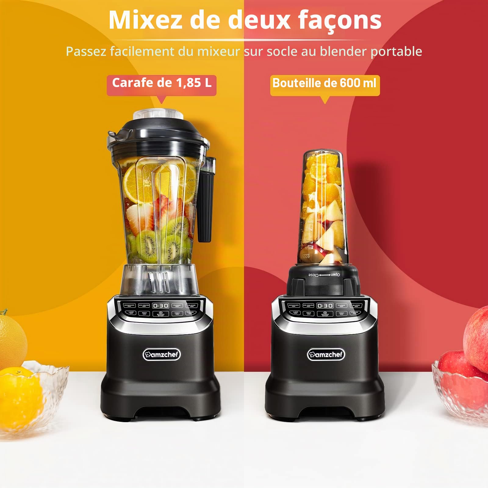 AMZCHEF Blender professionnel 1800 W, blender multifonctionnel avec écran tactile intelligent, blender électrique 6-lames en 3D - Noir