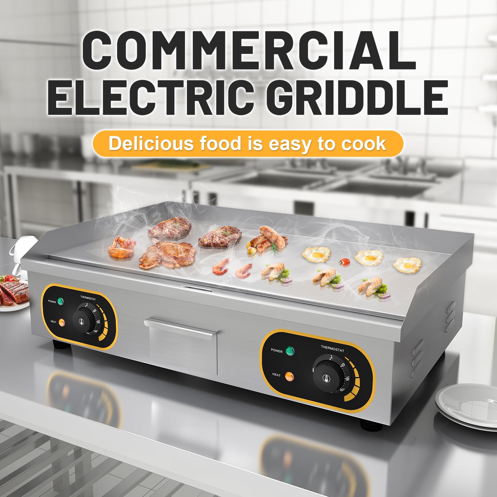 Gastro Grillplatte Elektrisch glatt, Profi Gastro Elektrogrill 73x40 cm, Kommerzielle Elektro grillplatte Edelstahl, Fett-Auffangbehälter 4400W, Doppelte Temperaturregelung & Doppelstecker, für Küche