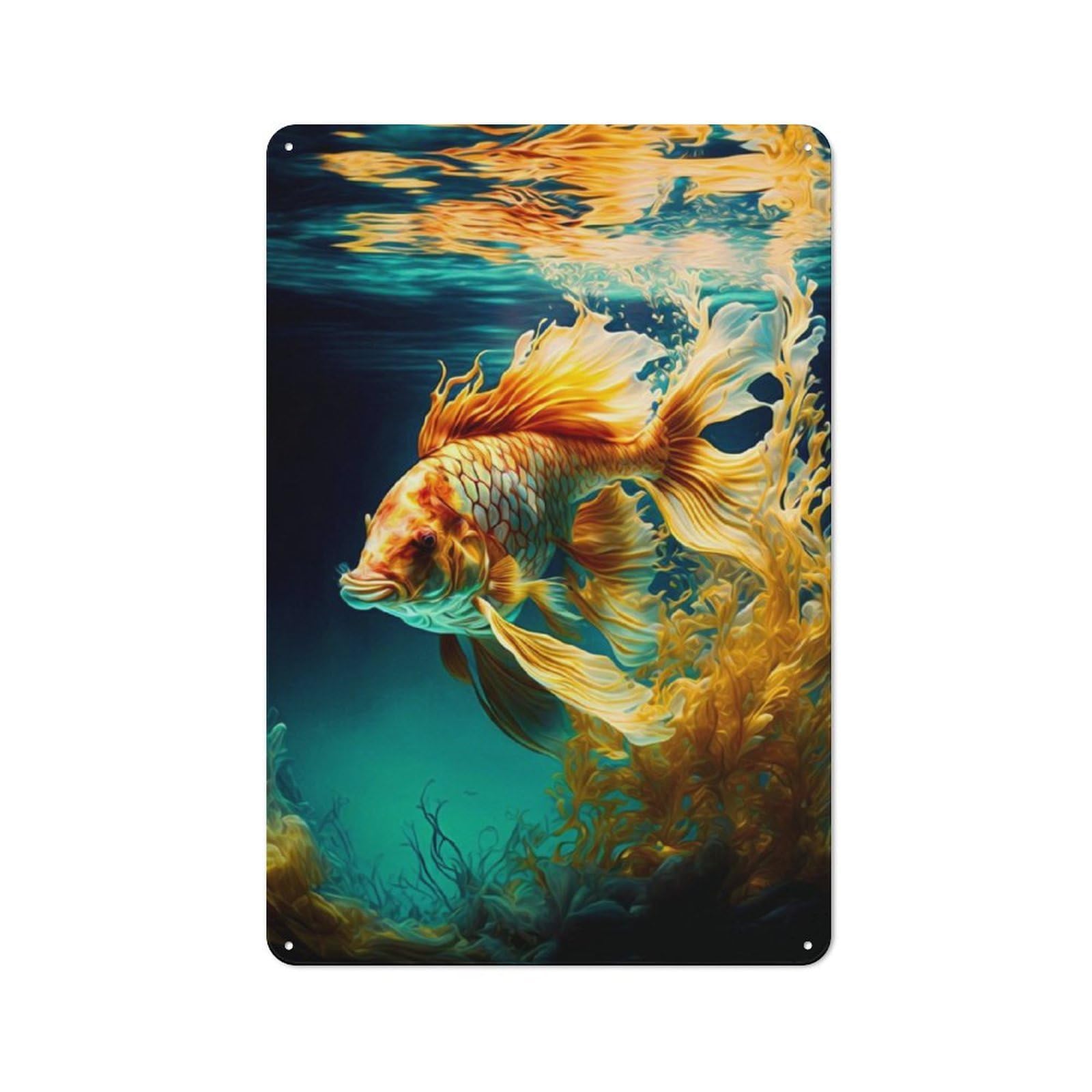 Junmoney Gold Fish Decorative Metal Plaque With Design 30X20cm, Casual Utility Space Decor For Patio Bar, Workshop, Shed Or Kitchen