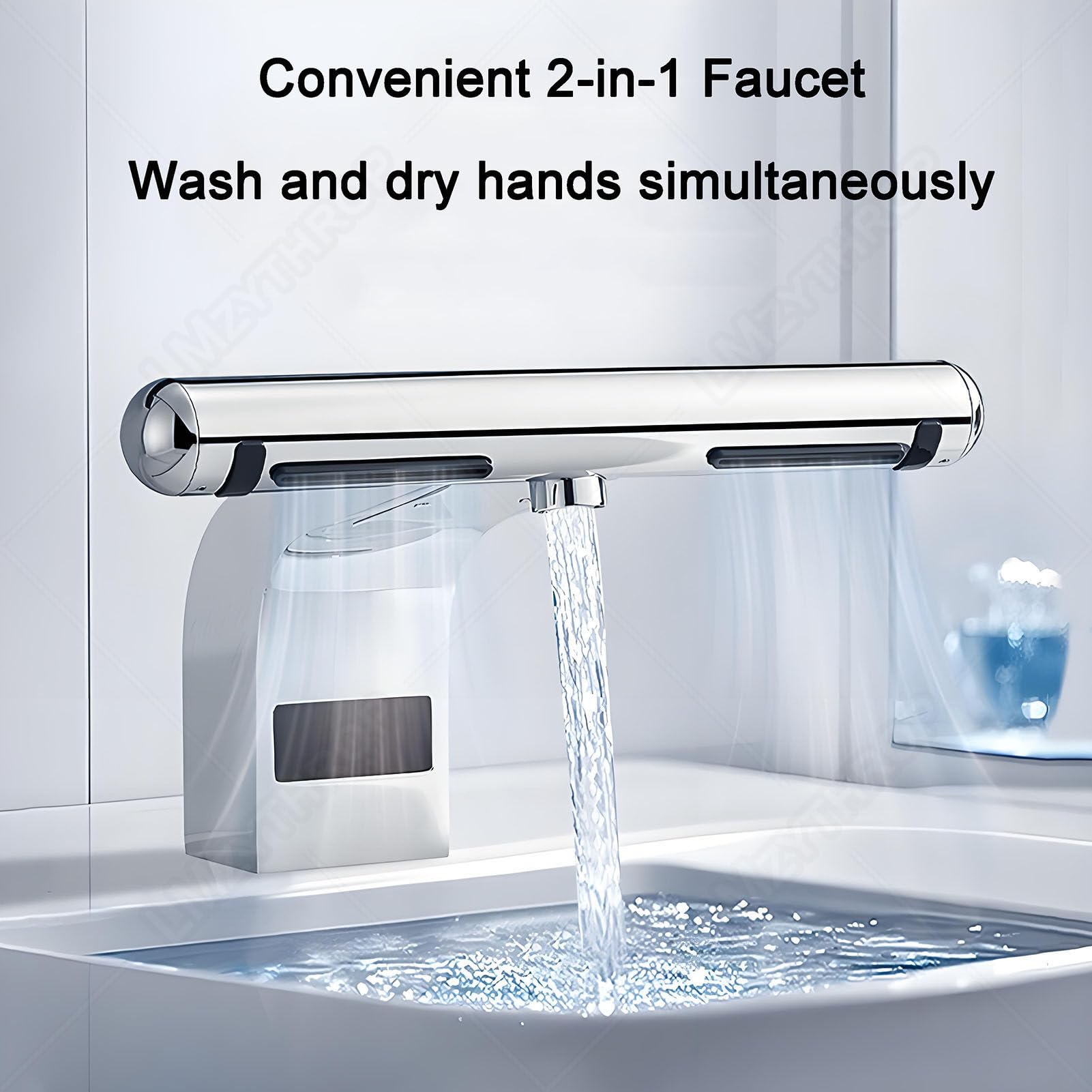 Rubinetto con sensore con asciuga mani integrato, accensione e spegnimento automatico per lavaggio e asciugatura senza tocco, opzioni di acqua fredda e calda