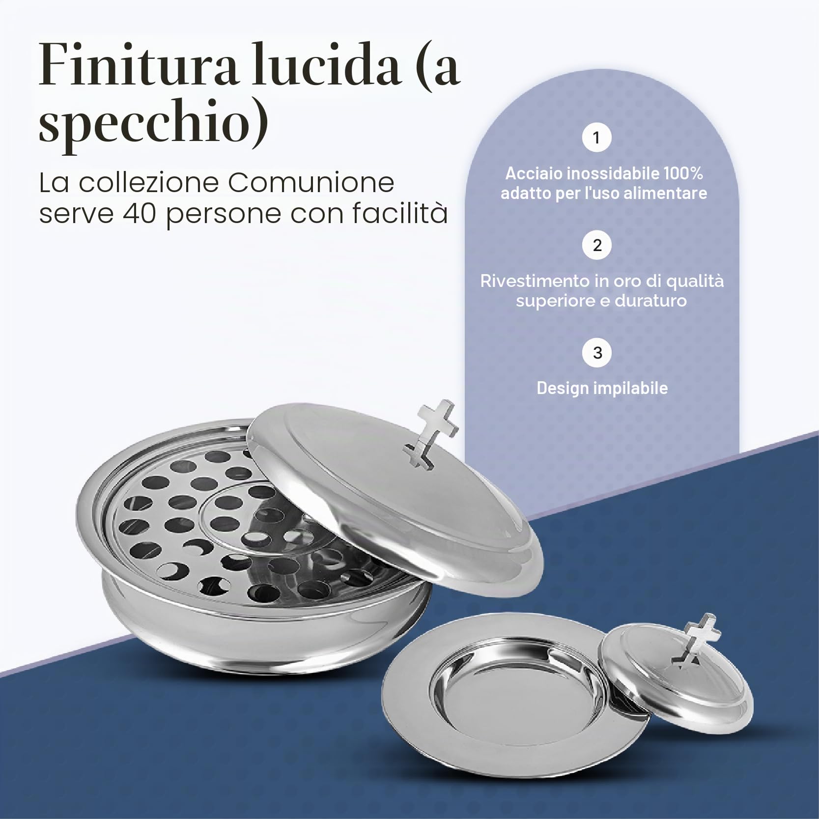 Communion Ware | Vassoio impilabile per comunione con coperchio e 1 piatto da pane con coperchio per chiese, in acciaio inox, finitura lucida (specchio)