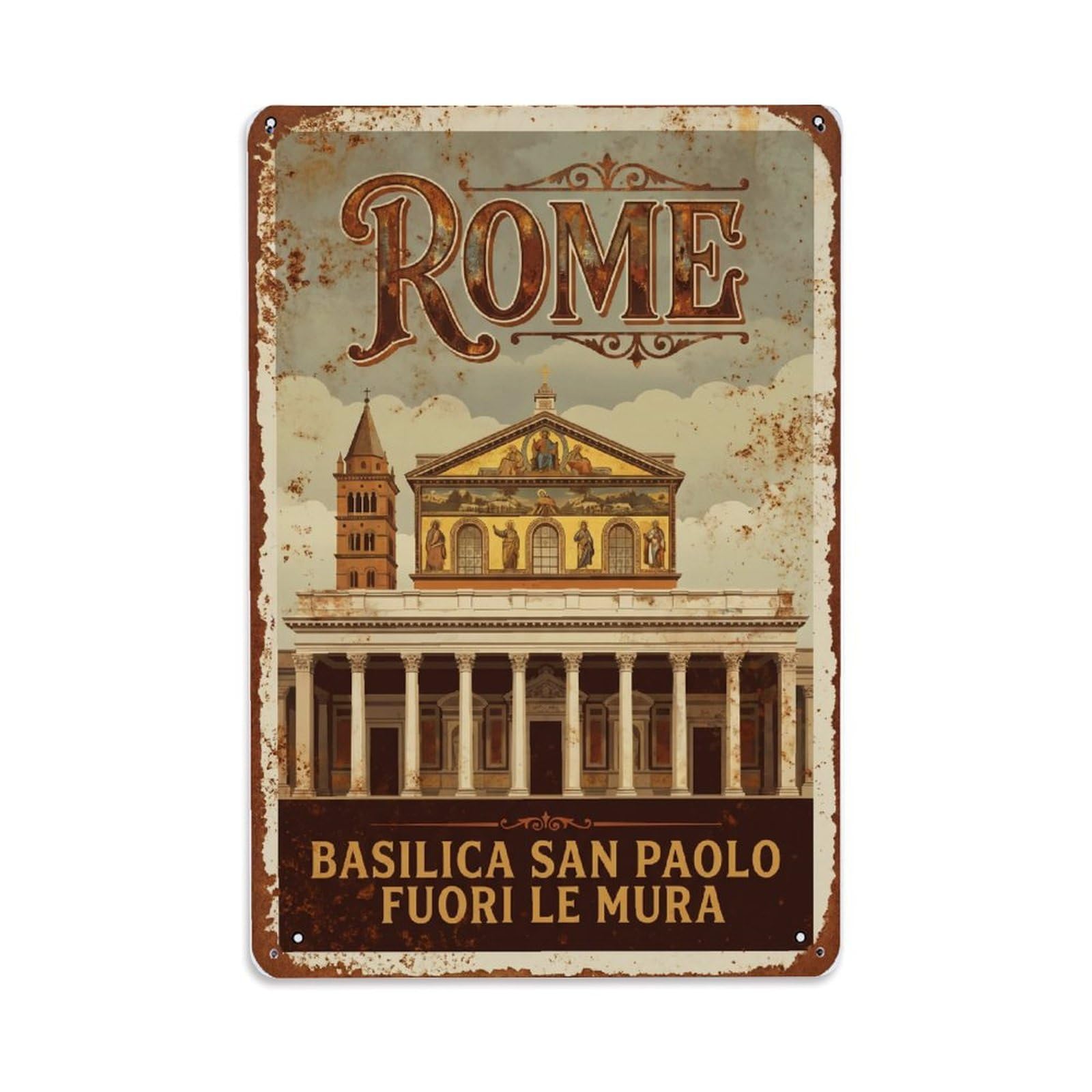 Vintage Travel Rome Basilica San Paolo Fuori Le Mura Church Rusted Italy Metal Tin Sign Plaque Wall Decor for Cafe, Club Bar, Office, Home Garden Metal Poster 8x12Inch