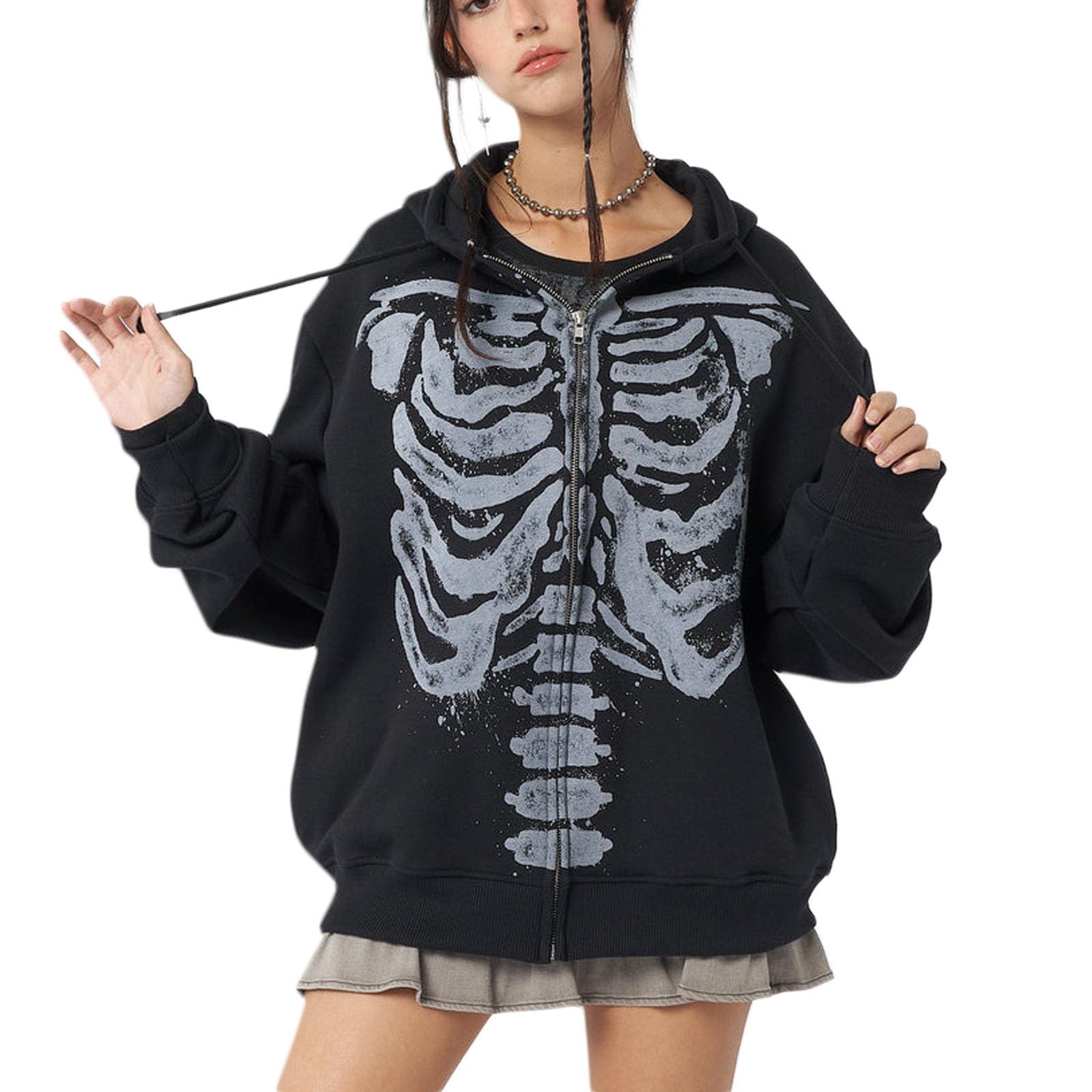 Yuemengxuan Y2K Damen-Kapuzenpullover mit Reißverschluss, langärmelig, Harajuku, Punk, Grunge-Top, übergroß, Vintage-Stil, Streetwear