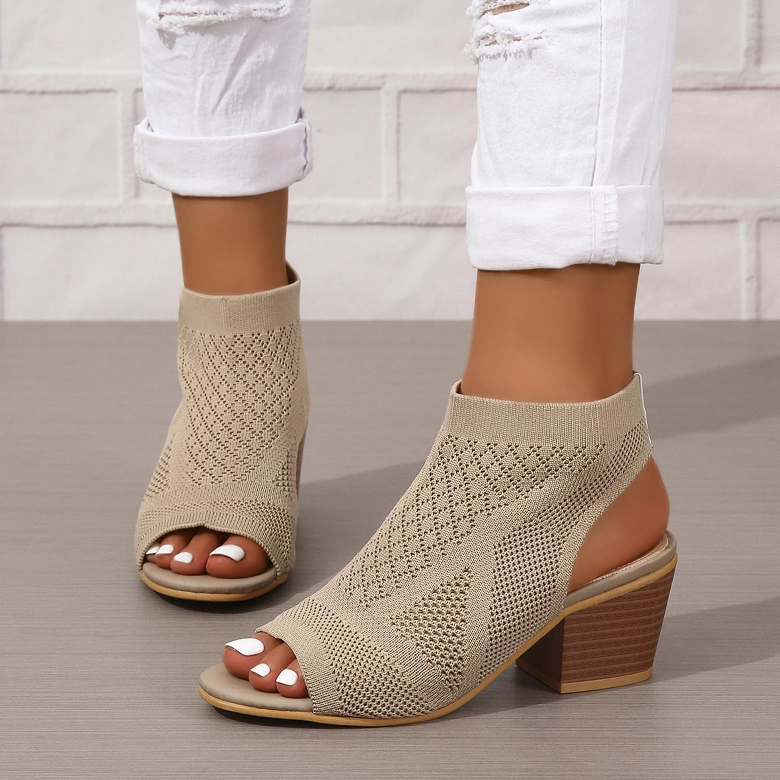 Heeled Sandals for Women Elastic Slingback Open Toe Chunky Block Heel Heels Summer Dressy Knit Stacked Heel Breathable Sandal