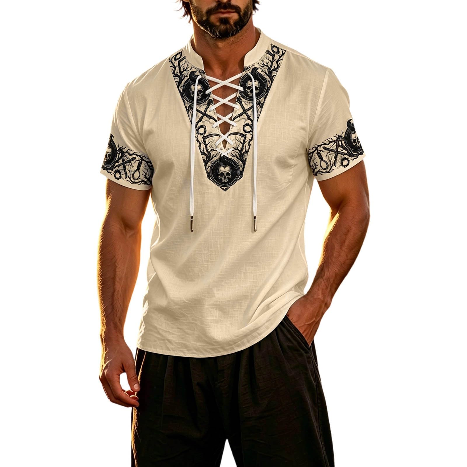 Summer Shirts for Men Short Sleeve Medieval Pirate Scottish Ghillie Shirt — image 1